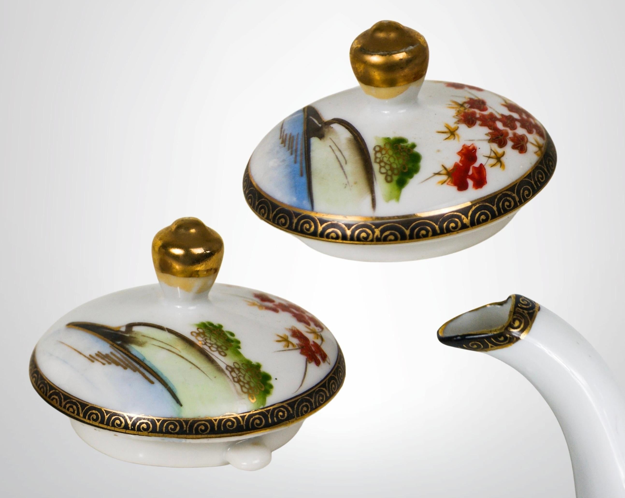 Hand-Painted Kutani Japan Lithophane Geisha Silhouette Egg Shell Porcelain Tea Set for 6