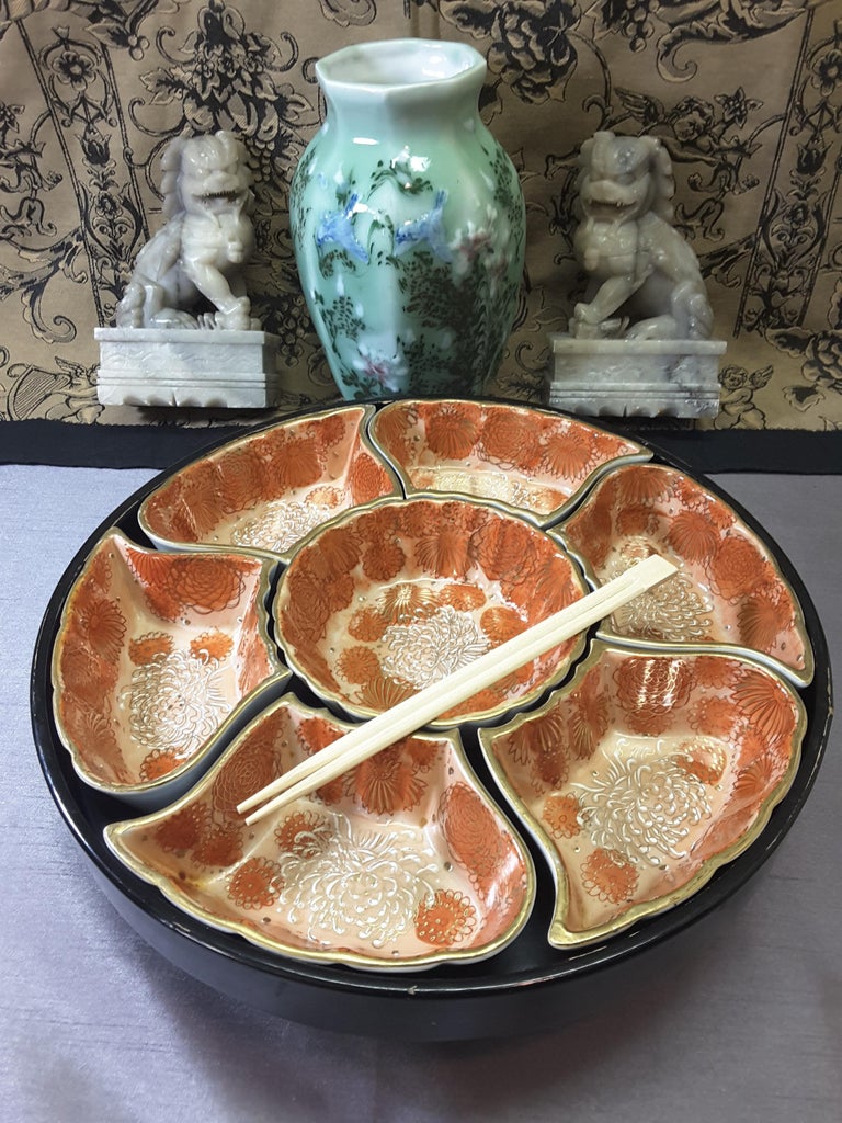 Kutani Japanese Divided Dish Serving Set on a Lazy Susan Rotating Base