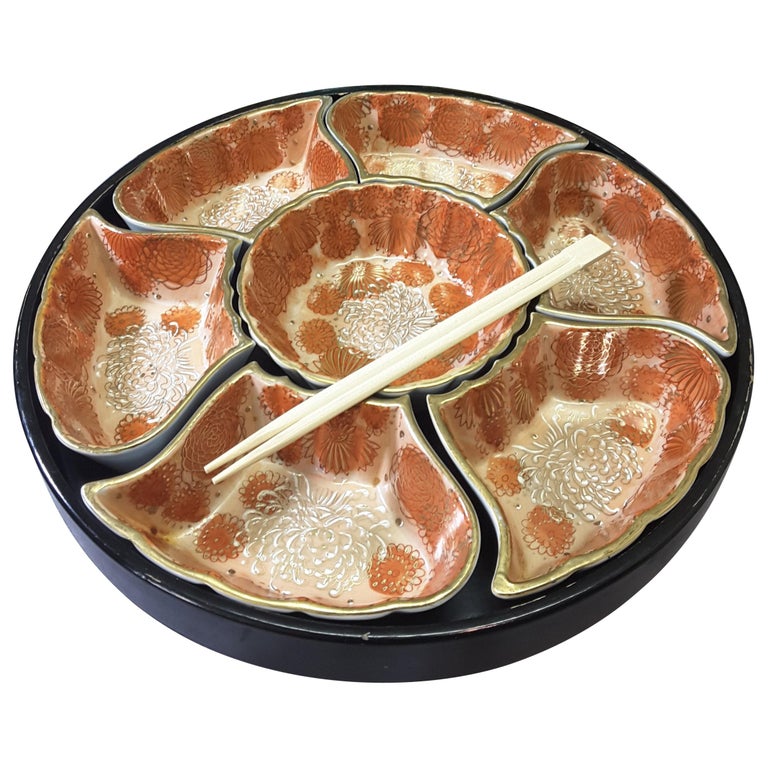Kutani Japanese Divided Dish Serving Set on a Lazy Susan Rotating Base