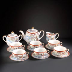 Kutani Lithophane Geisha Tea Set for 6 - Hand Painted Birds & Flowers
