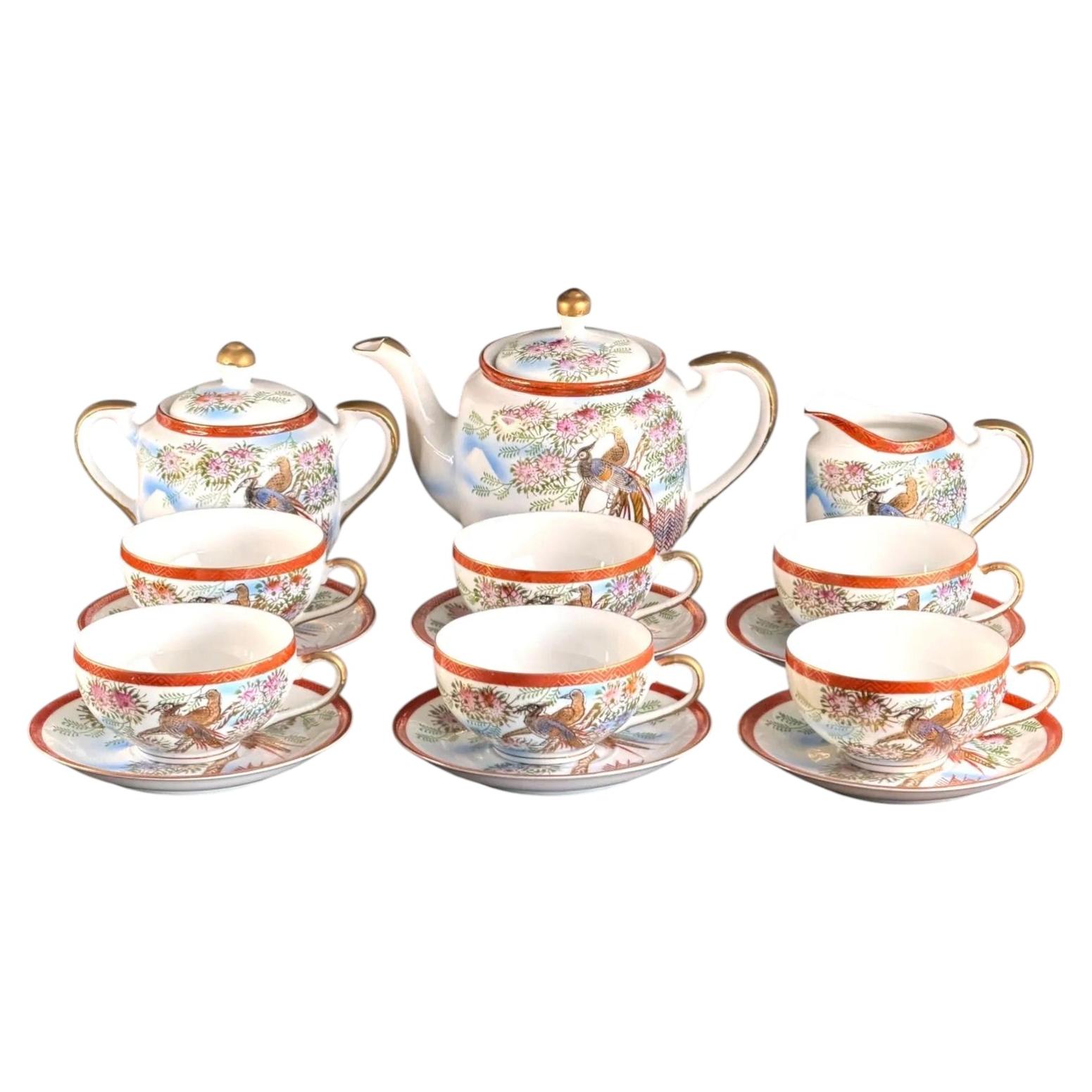 Kutani Lithophane Geisha Tea Set for 6 - Hand Painted Birds & Flowers For Sale