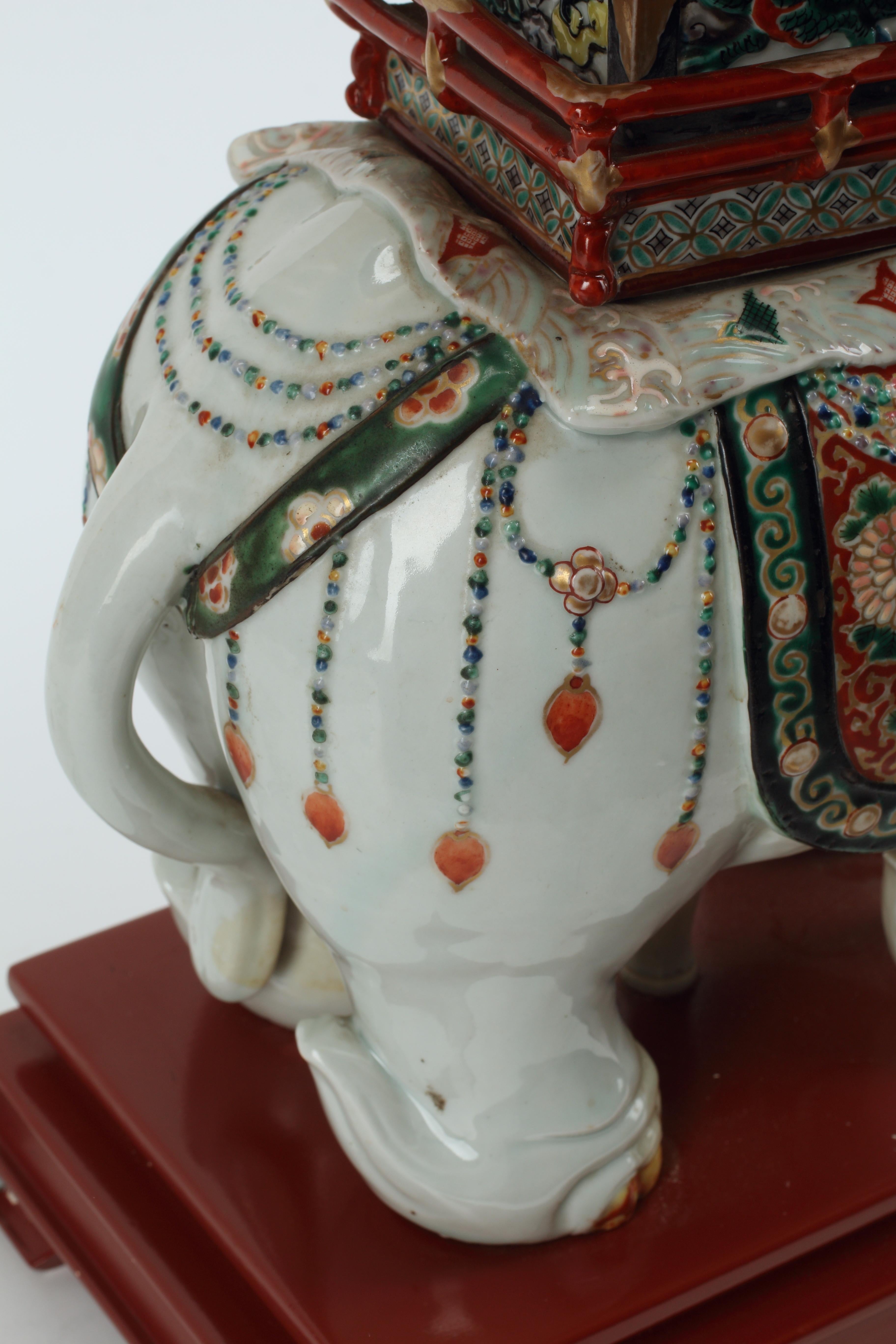 Hand-Painted Kutani Polychrome Porcelain Elephant Mounted as Lamp, 19th Century Japanese For Sale