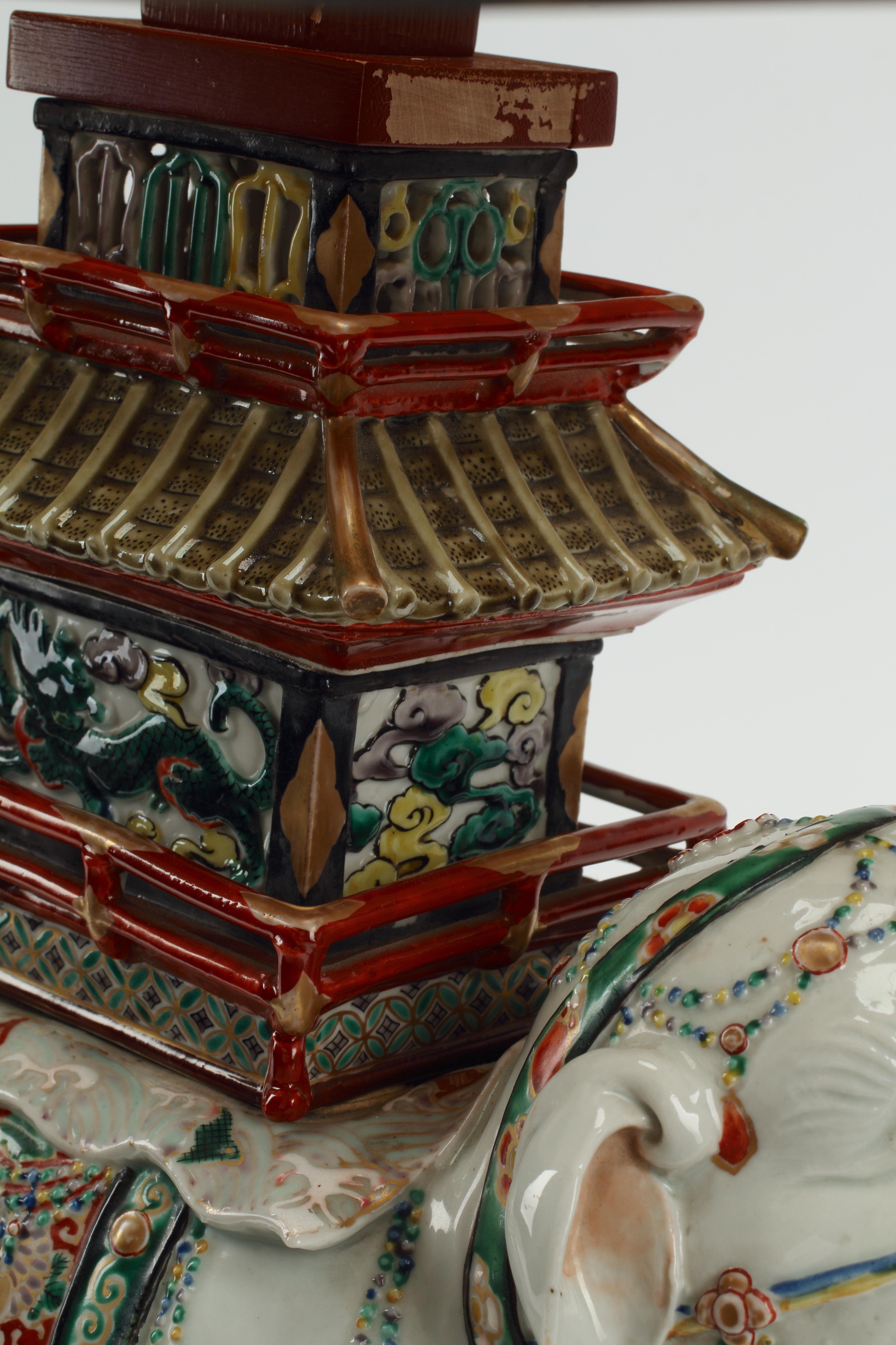 Kutani Polychrome Porcelain Elephant Mounted as Lamp, 19th Century Japanese In Good Condition For Sale In El Monte, CA