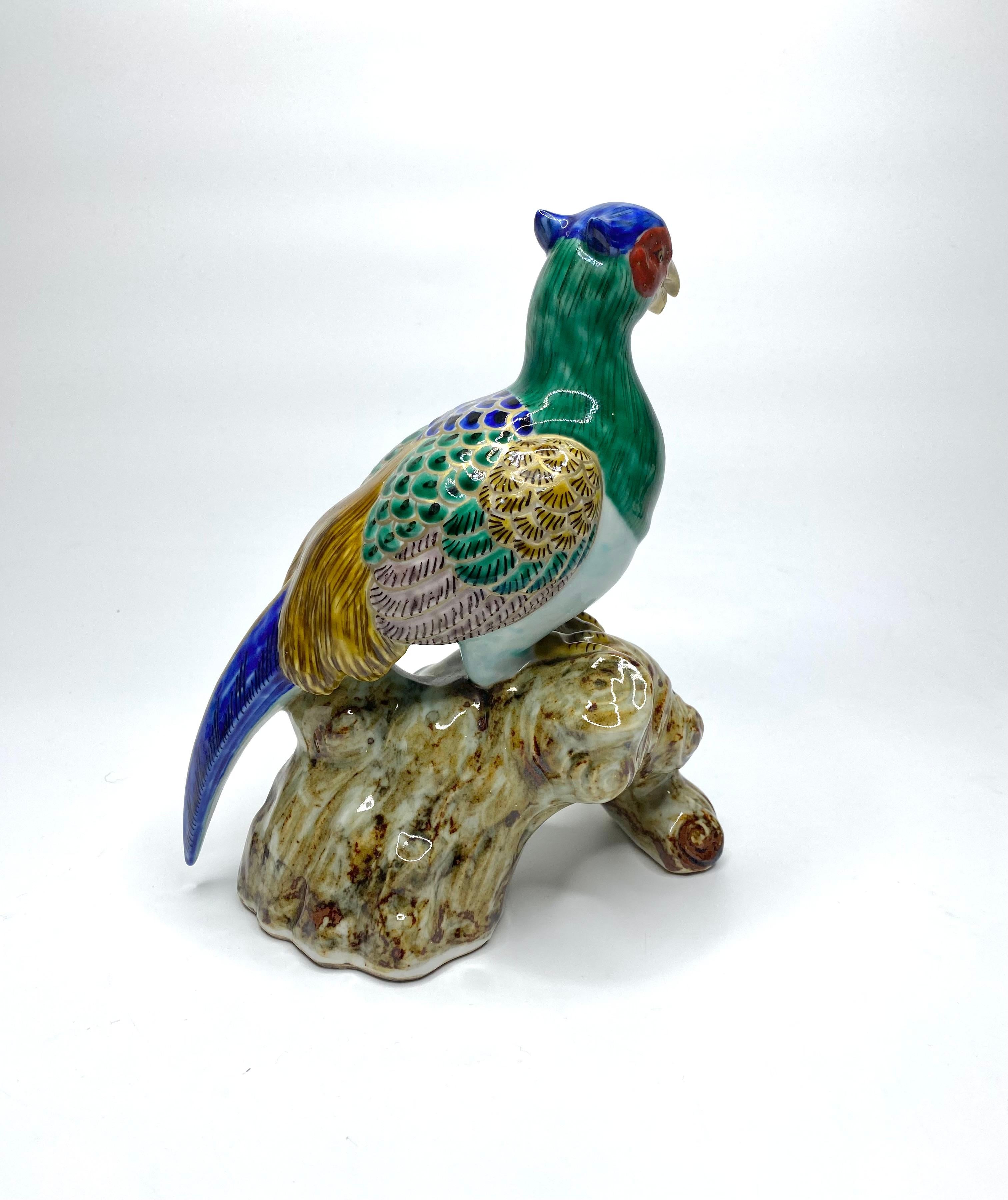 Fired Kutani porcelain Green Pheasant, Japan, Meiji Period. For Sale