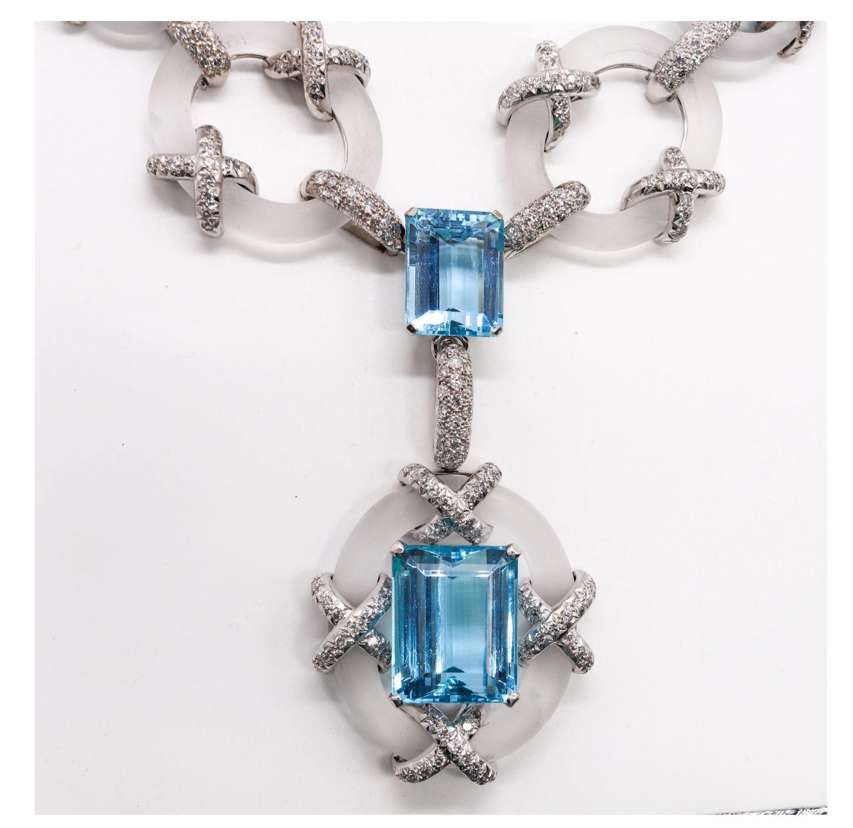 Emerald Cut Kutchinsky London 1970 Convertible Collar Platinum 154.2 Ct Diamonds Aquamarines For Sale