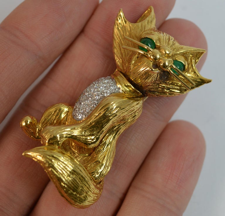 Kutchinsky 18 Carat Gold Diamond Emerald Cat Brooch at 1stDibs