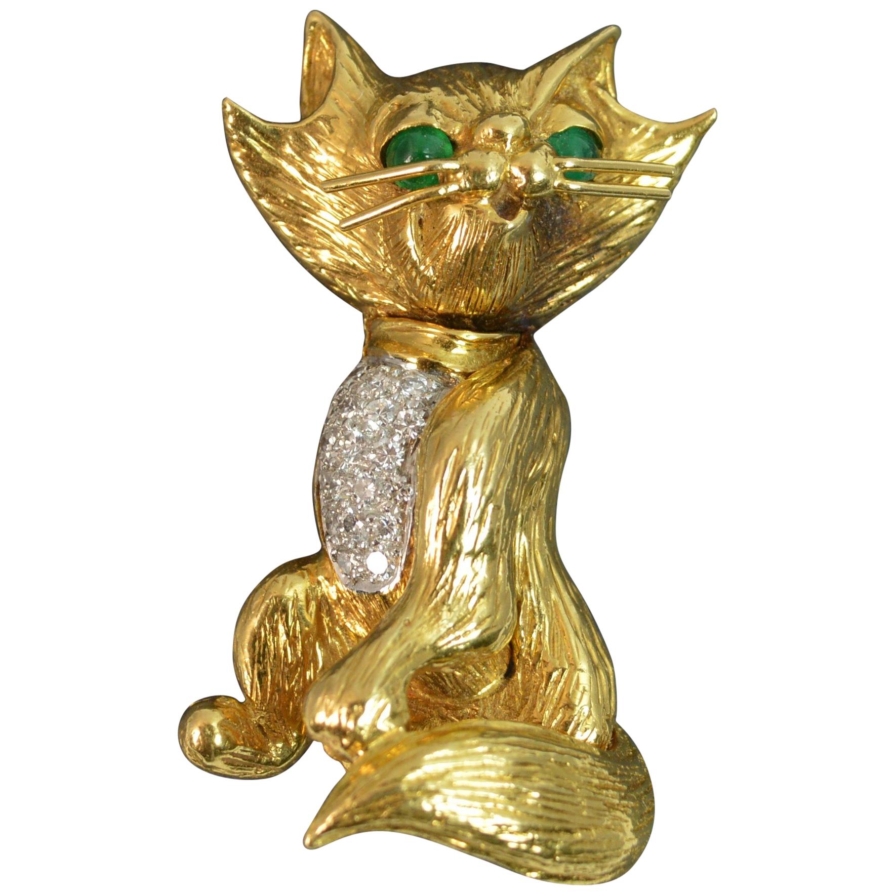 Kutchinsky 18 Carat Gold Diamond Emerald Cat Brooch