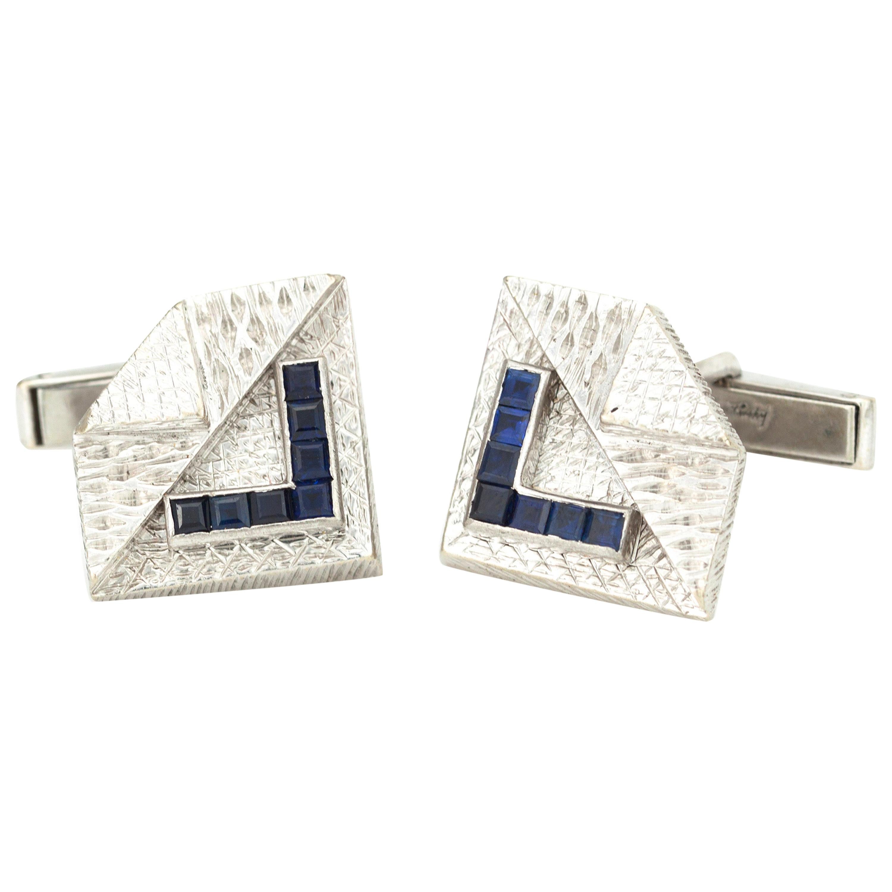 Paul Longmire Vintage Cufflinks 18 Karat Gold and Blue Enamel, London