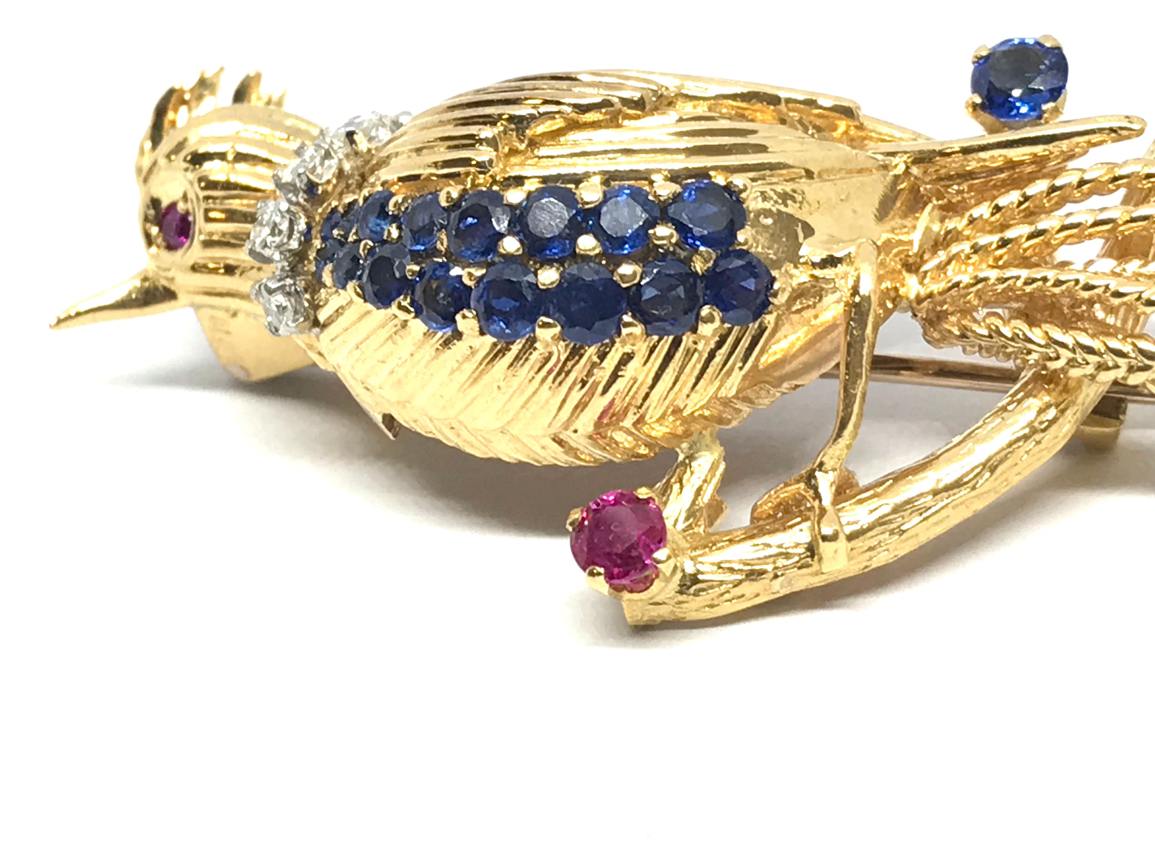 Kutchinsky 18 Karat Gold, White Diamond, Blue Sapphire and Ruby Bird Brooch 2