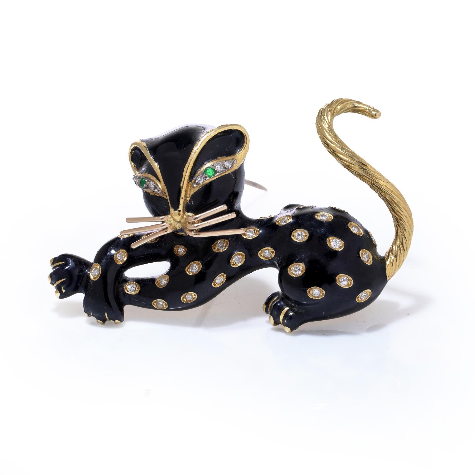 Broche Kutchinsky de oro de 18 ct con diamantes y esmalte Gato