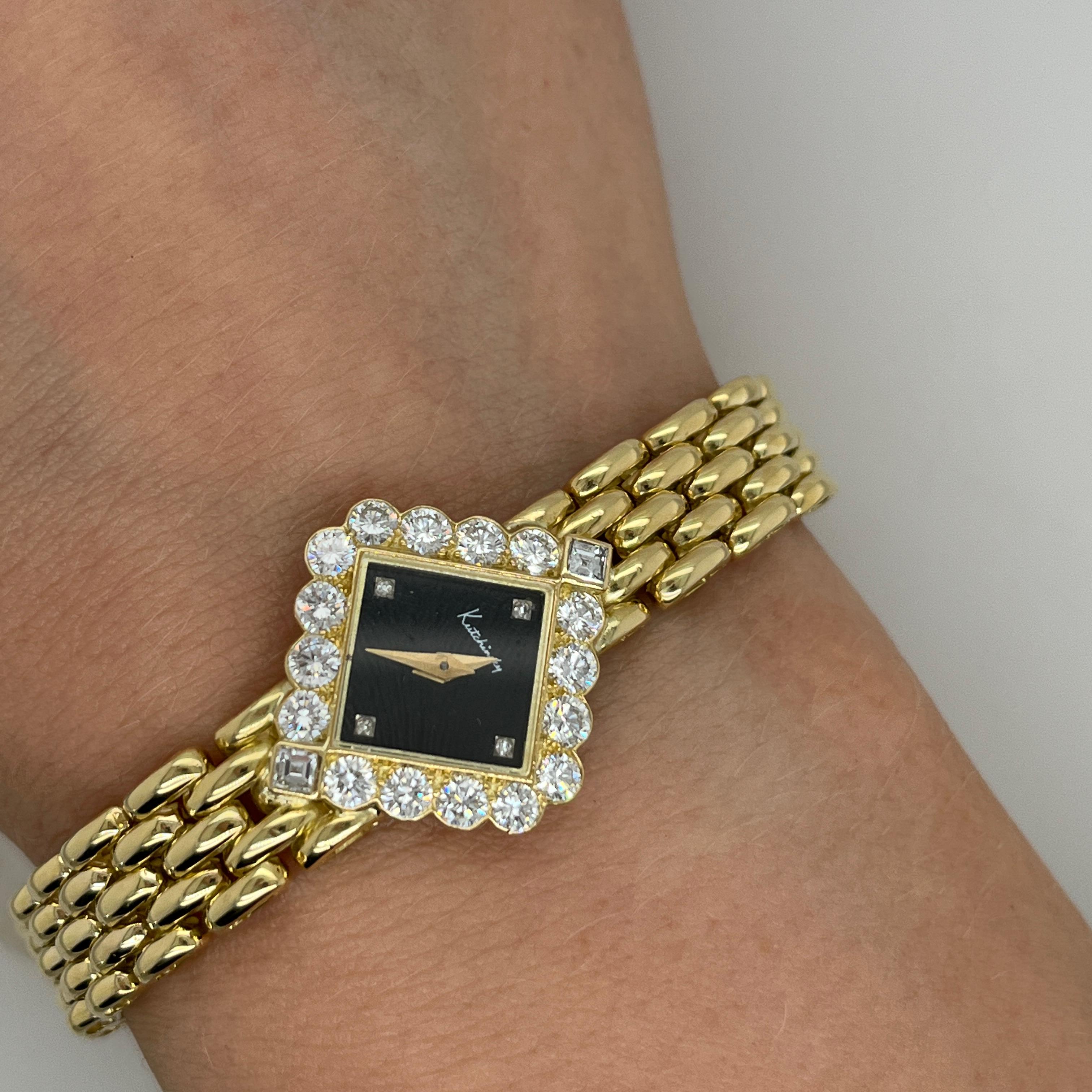 A truly rare and exquisite vintage watch by renowned British jeweller Kutchinsky, this luxurious timepiece is crafted entirely in solid 18ct yellow gold, showcasing the brand’s signature opulence. The watch is elegantly adorned with 1.30ct