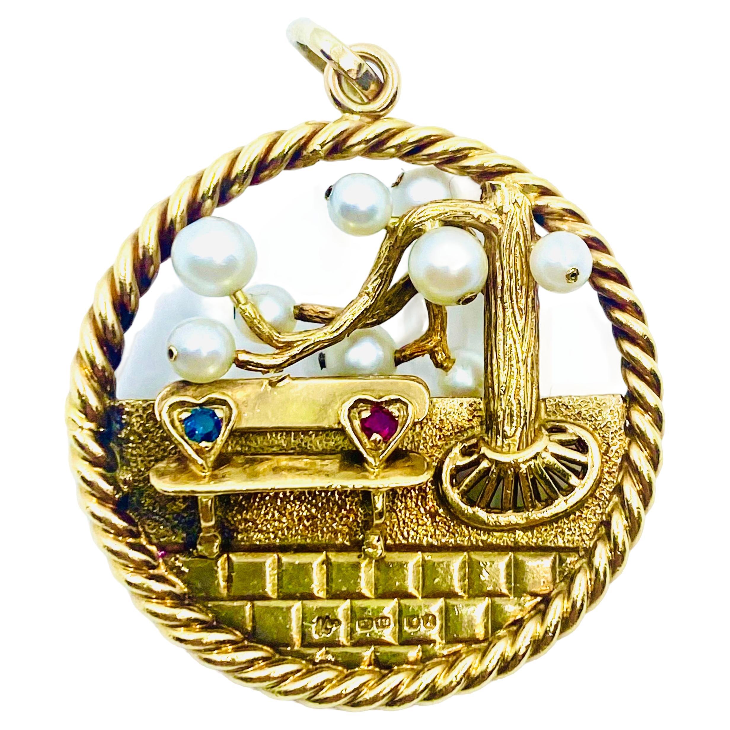 Mixed Cut Kutchinsky 18k Gold Pendant Pearl Gemstones For Sale