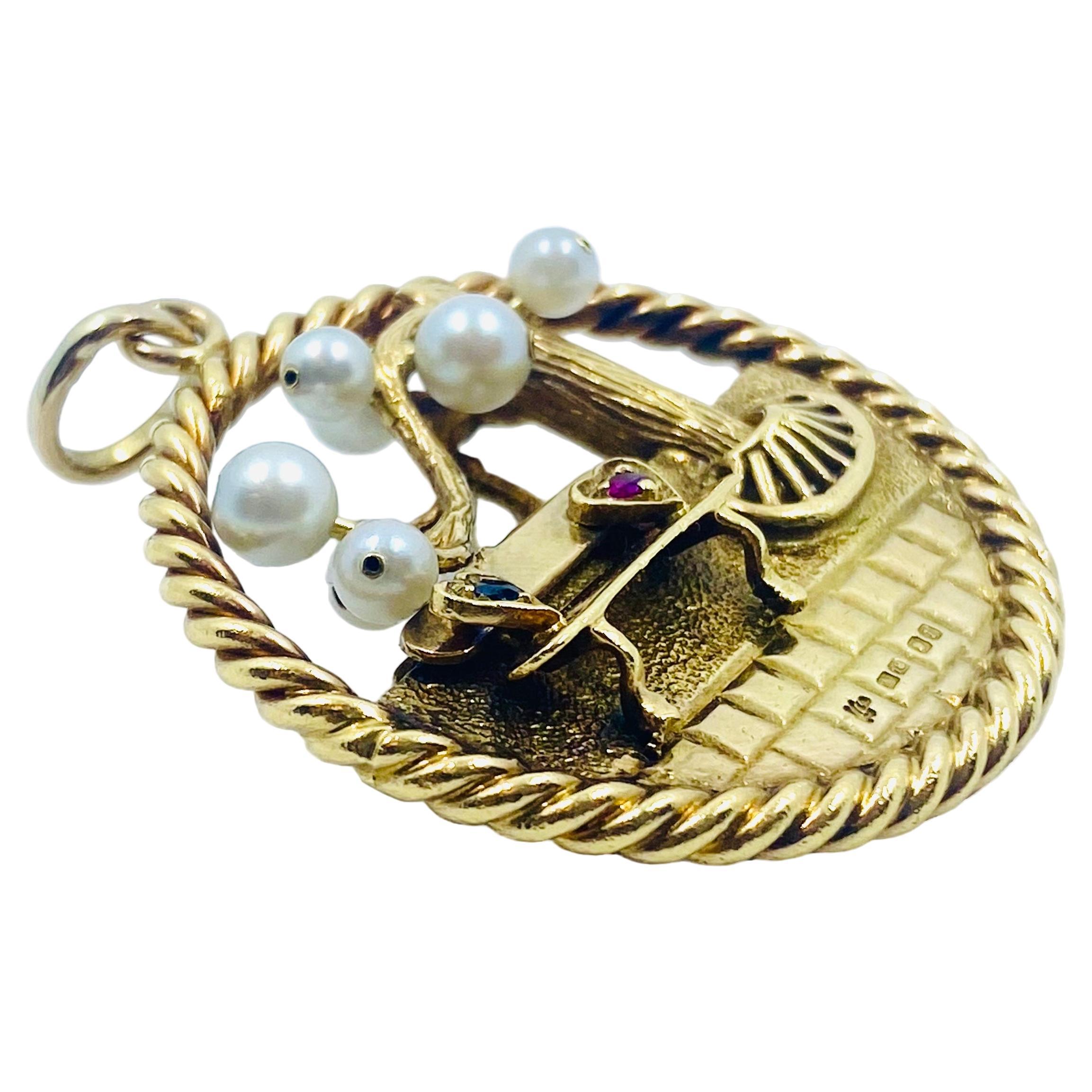 Women's or Men's Kutchinsky 18k Gold Pendant Pearl Gemstones For Sale