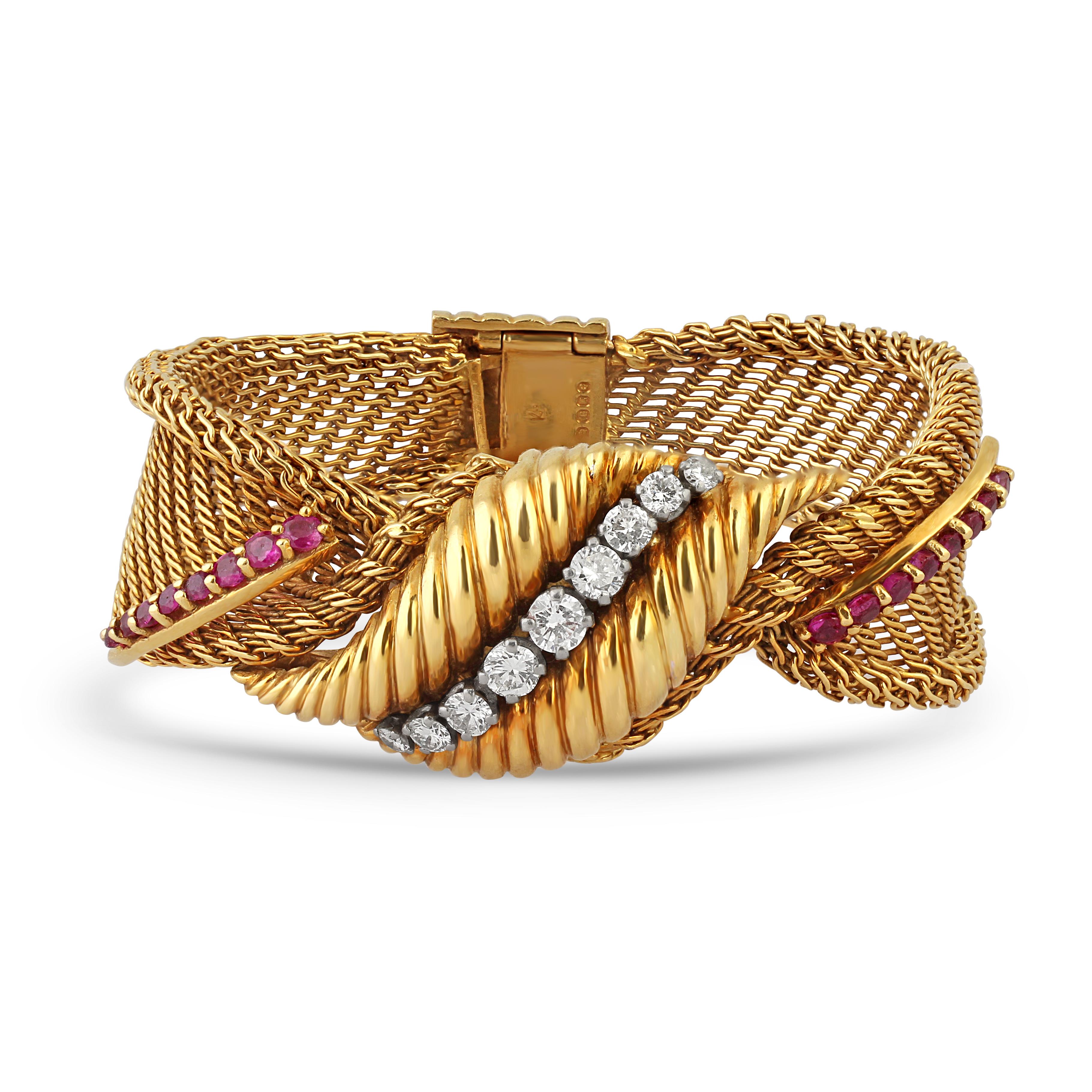 Round Cut Kutchinsky, 18k Gold, Ruby & Diamond Mesh Bracelet For Sale