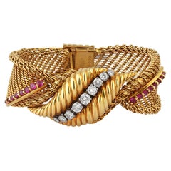Vintage Kutchinsky, 18k Gold, Ruby & Diamond Mesh Bracelet