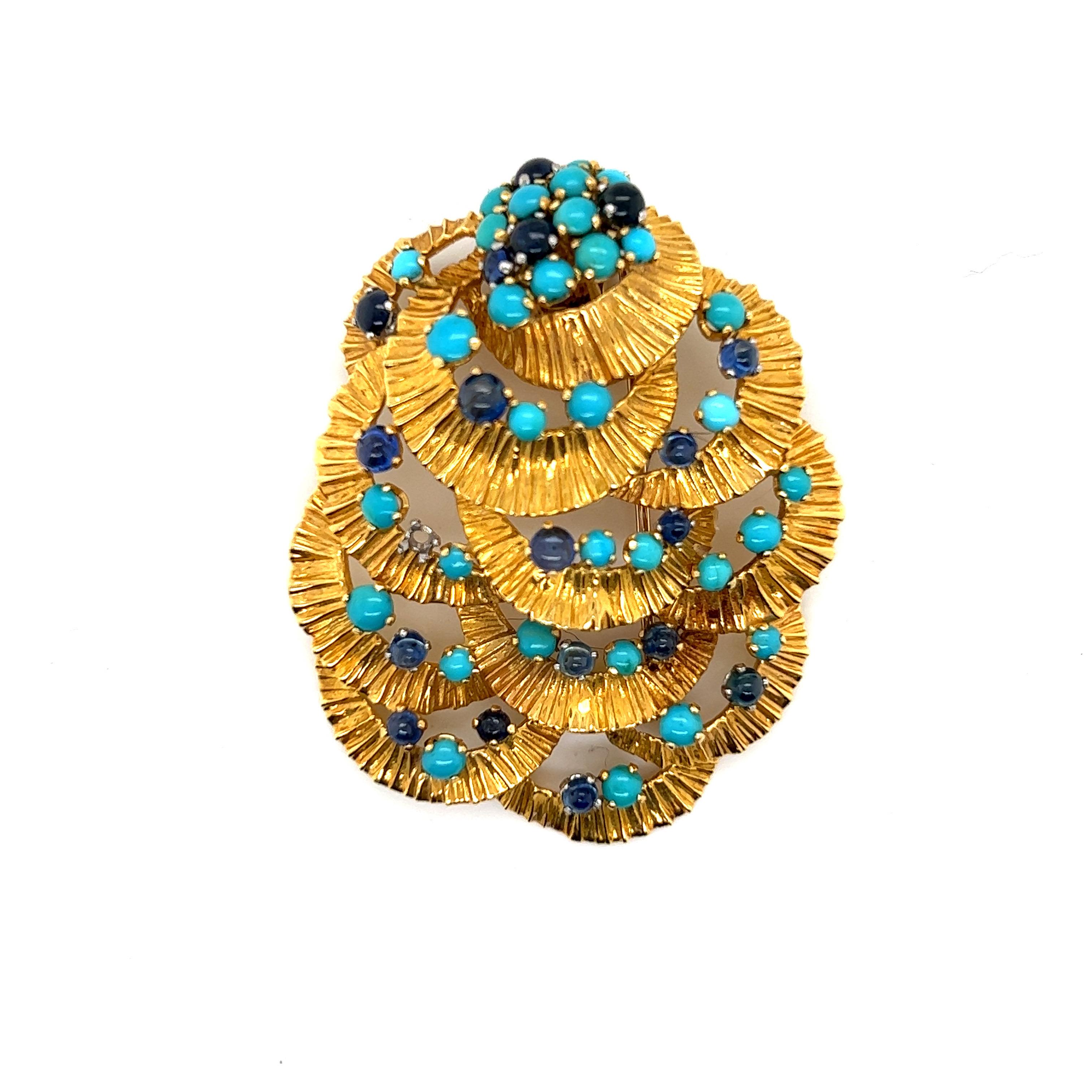 Women's or Men's Kutchinsky, 18k Turquoise and Sapphire Brooch and Earring 1962 For Sale