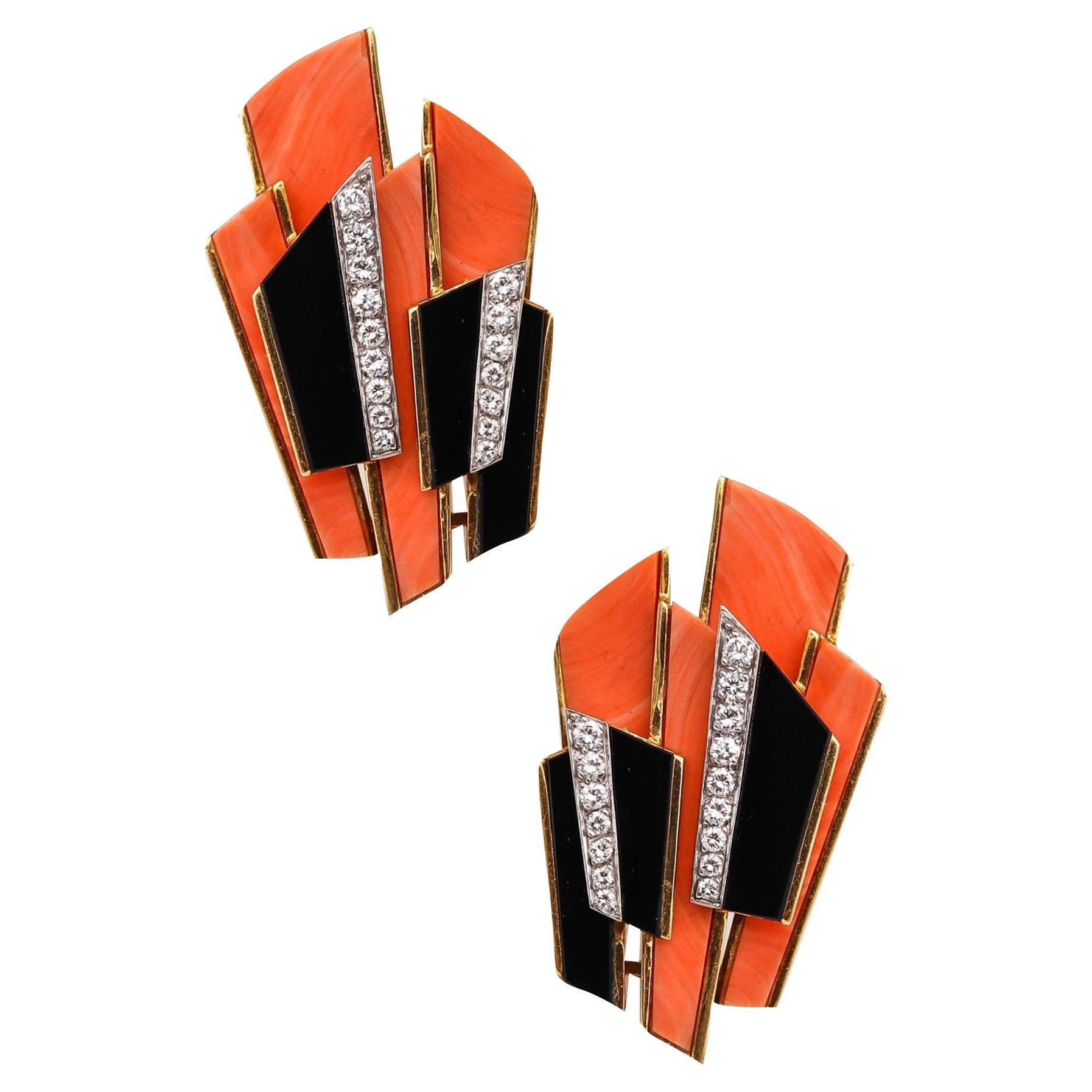 Kutchinsky 1968 London Geometric Earrings 18kt Gold with Diamonds Coral and Onyx For Sale