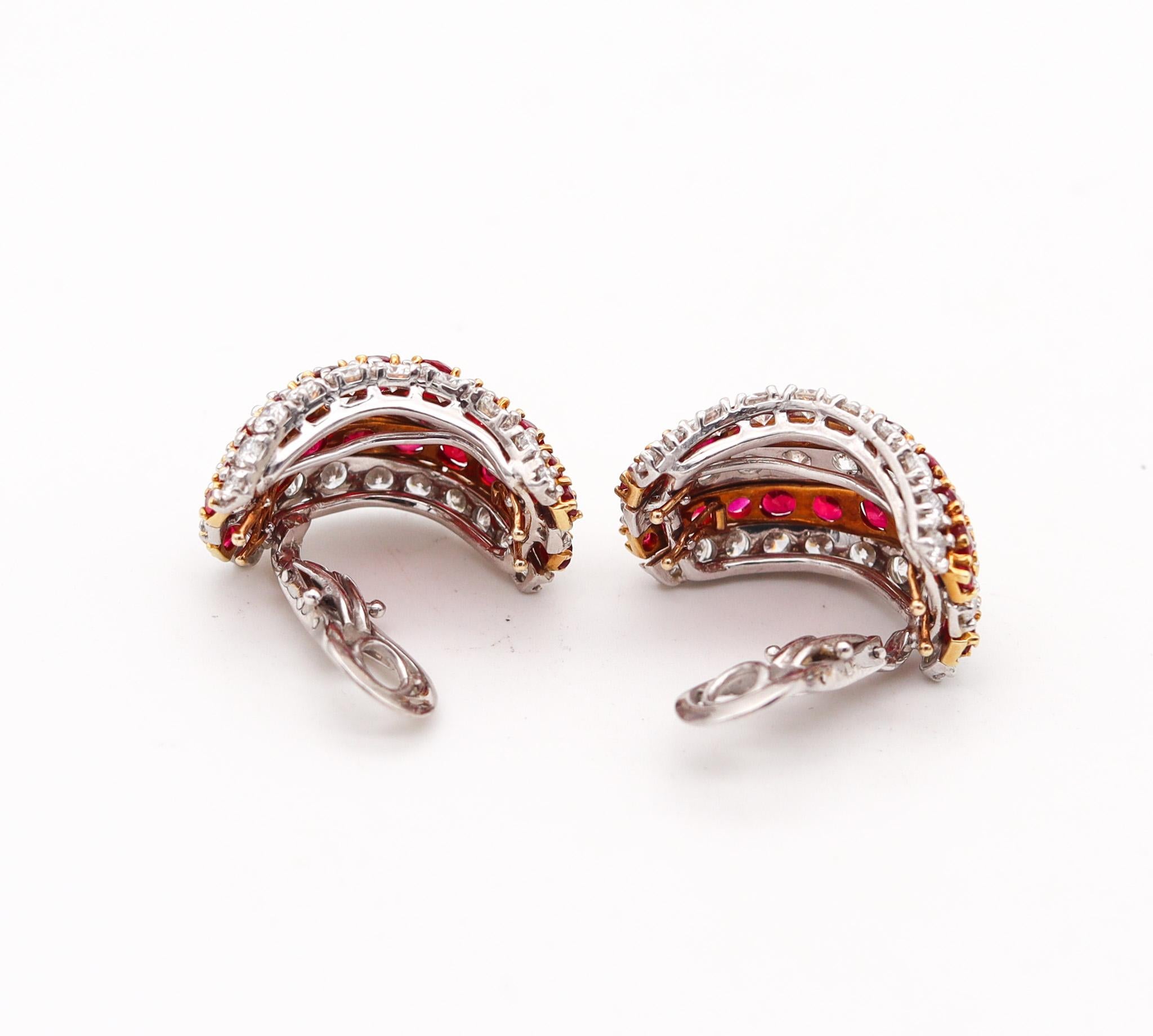 Modernist Kutchinsky 1970 Clip Earrings 18Kt Gold Platinum And 21.02 Ctw Diamonds & Rubies For Sale