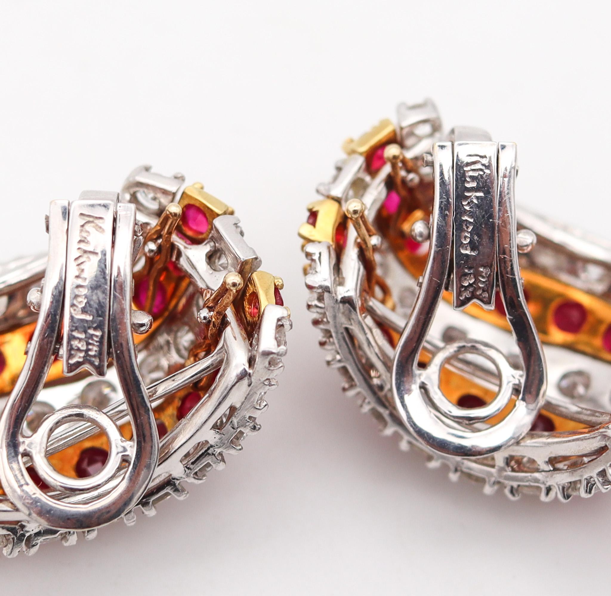 Brilliant Cut Kutchinsky 1970 Clip Earrings 18Kt Gold Platinum And 21.02 Ctw Diamonds & Rubies For Sale