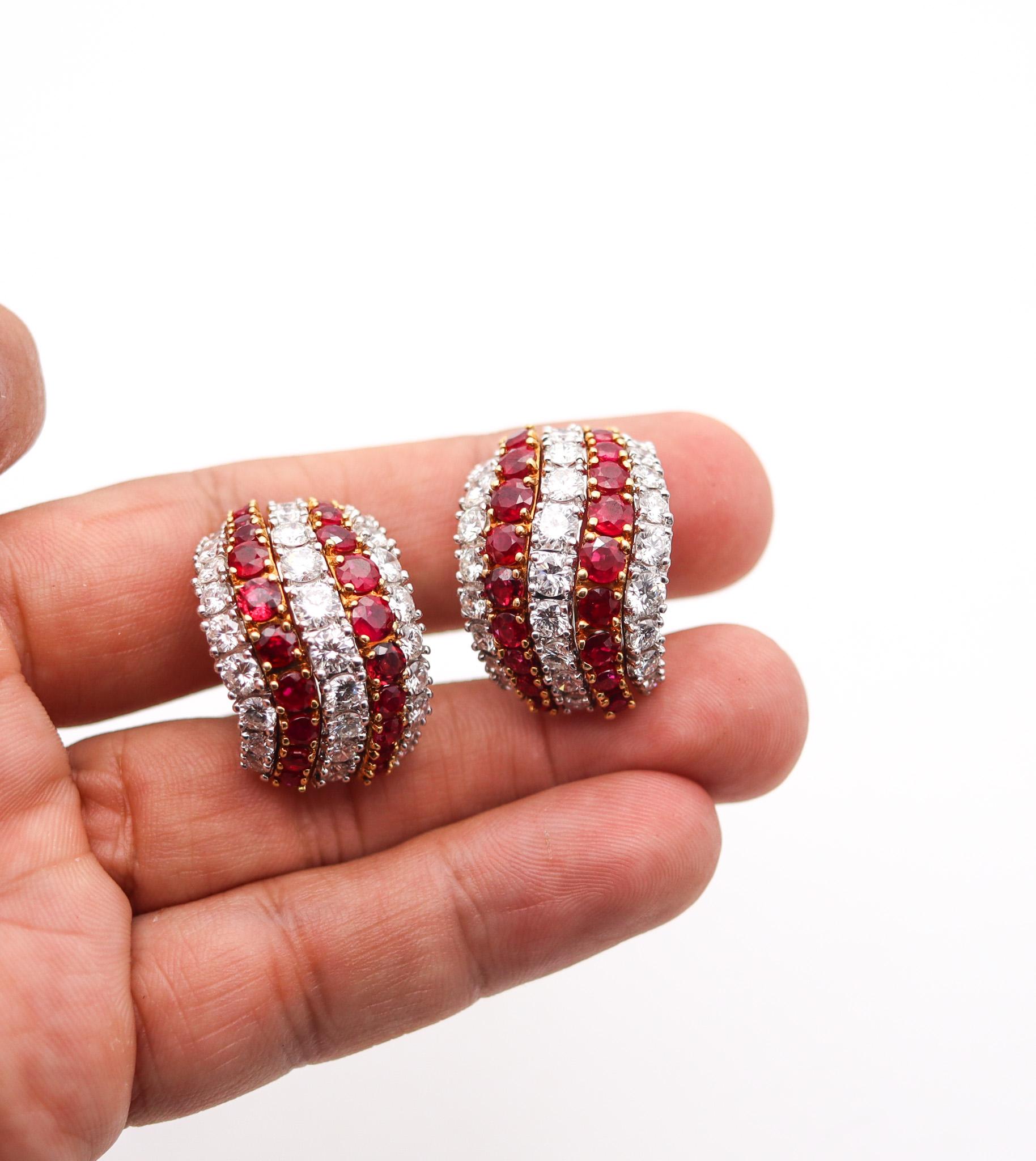 Kutchinsky 1970 Clip Earrings 18Kt Gold Platinum And 21.02 Ctw Diamonds & Rubies In Excellent Condition For Sale In Miami, FL