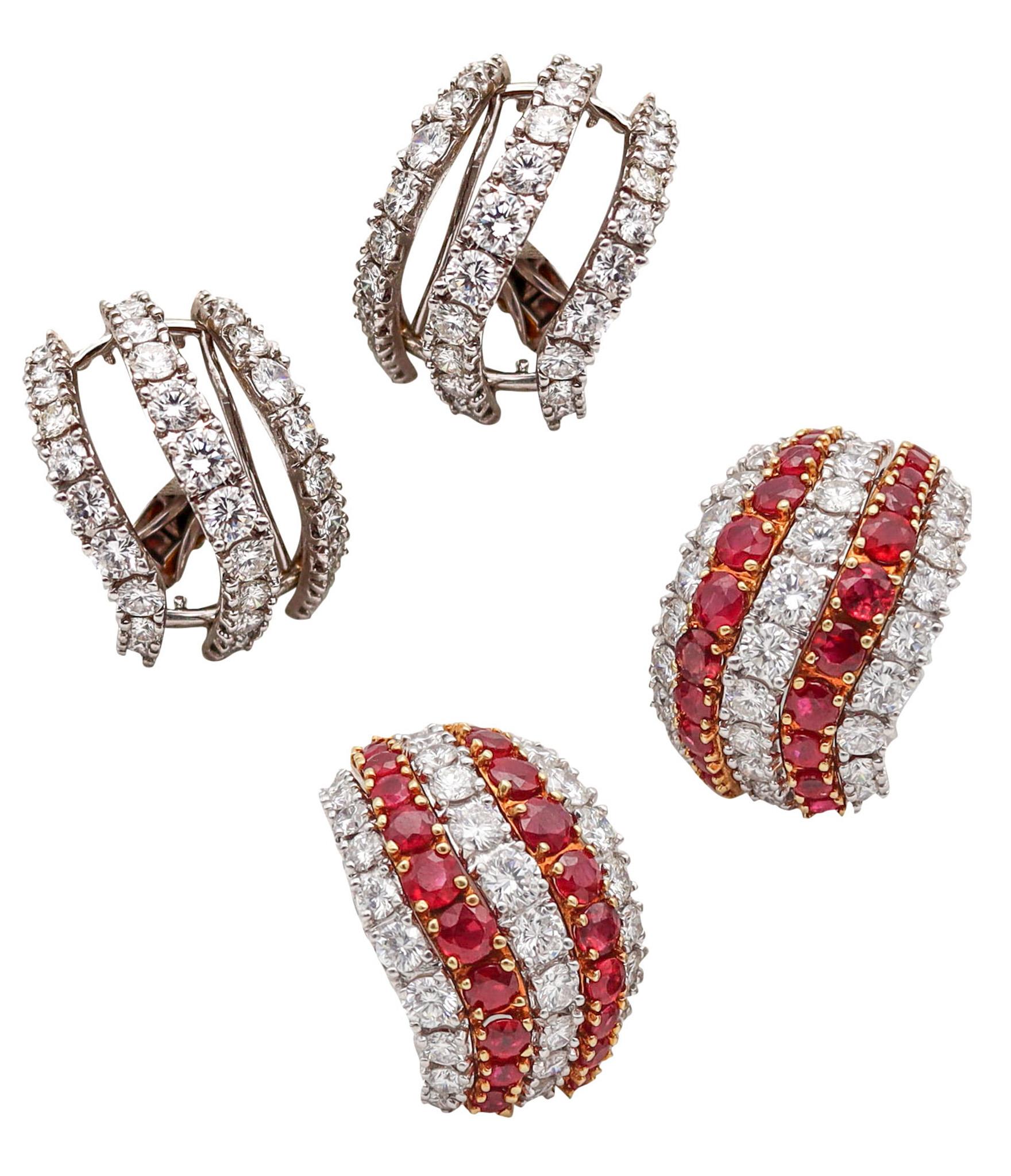 Women's Kutchinsky 1970 Clip Earrings 18Kt Gold Platinum And 21.02 Ctw Diamonds & Rubies For Sale