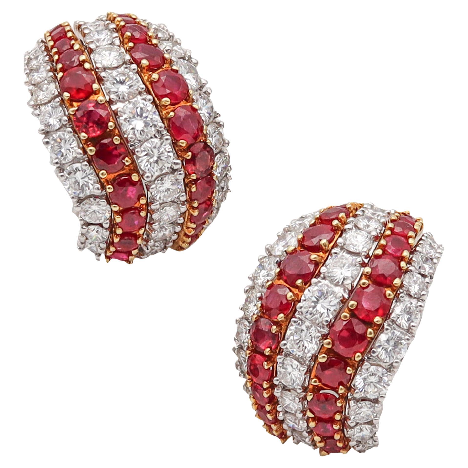 Kutchinsky 1970 Clip Earrings 18Kt Gold Platinum And 21.02 Ctw Diamonds & Rubies For Sale