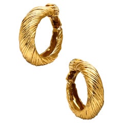 Retro Kutchinsky 1972 British London Textured Large Hoop Earrings In Solid 18Kt Gold