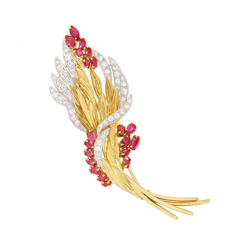 Kutchinsky 2.10 Carat Diamond and Ruby Floral Brooch, circa 1965 For Sale