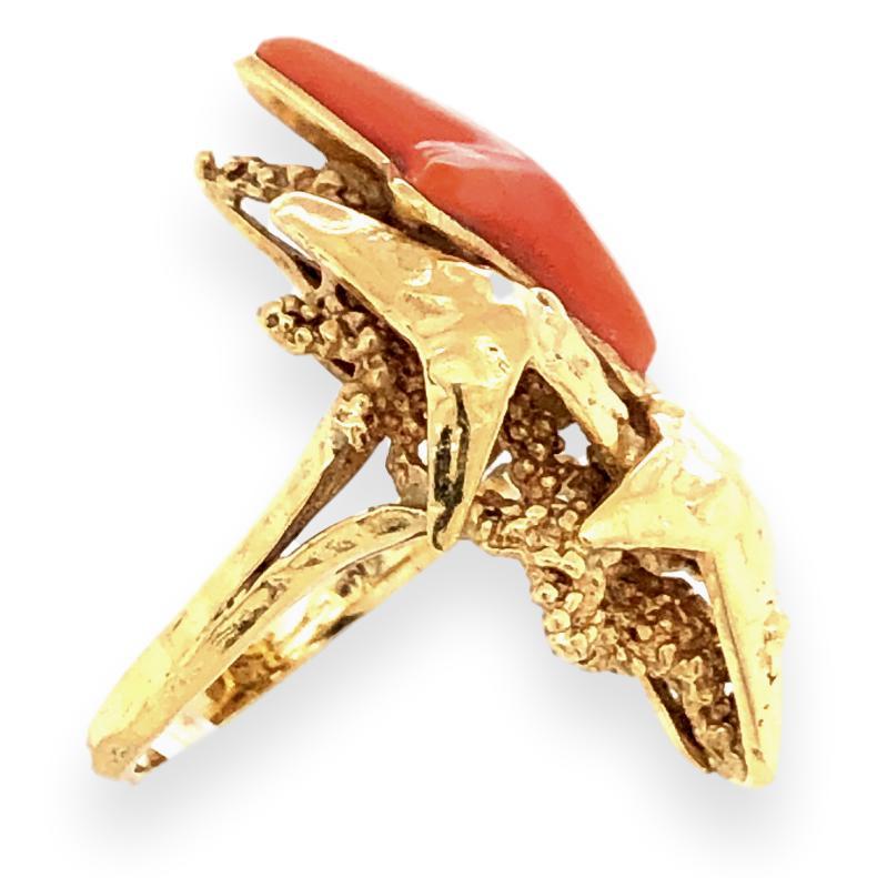 Artisan Kutchinsky Carved Coral and Gold Starfish Ring 1972 For Sale