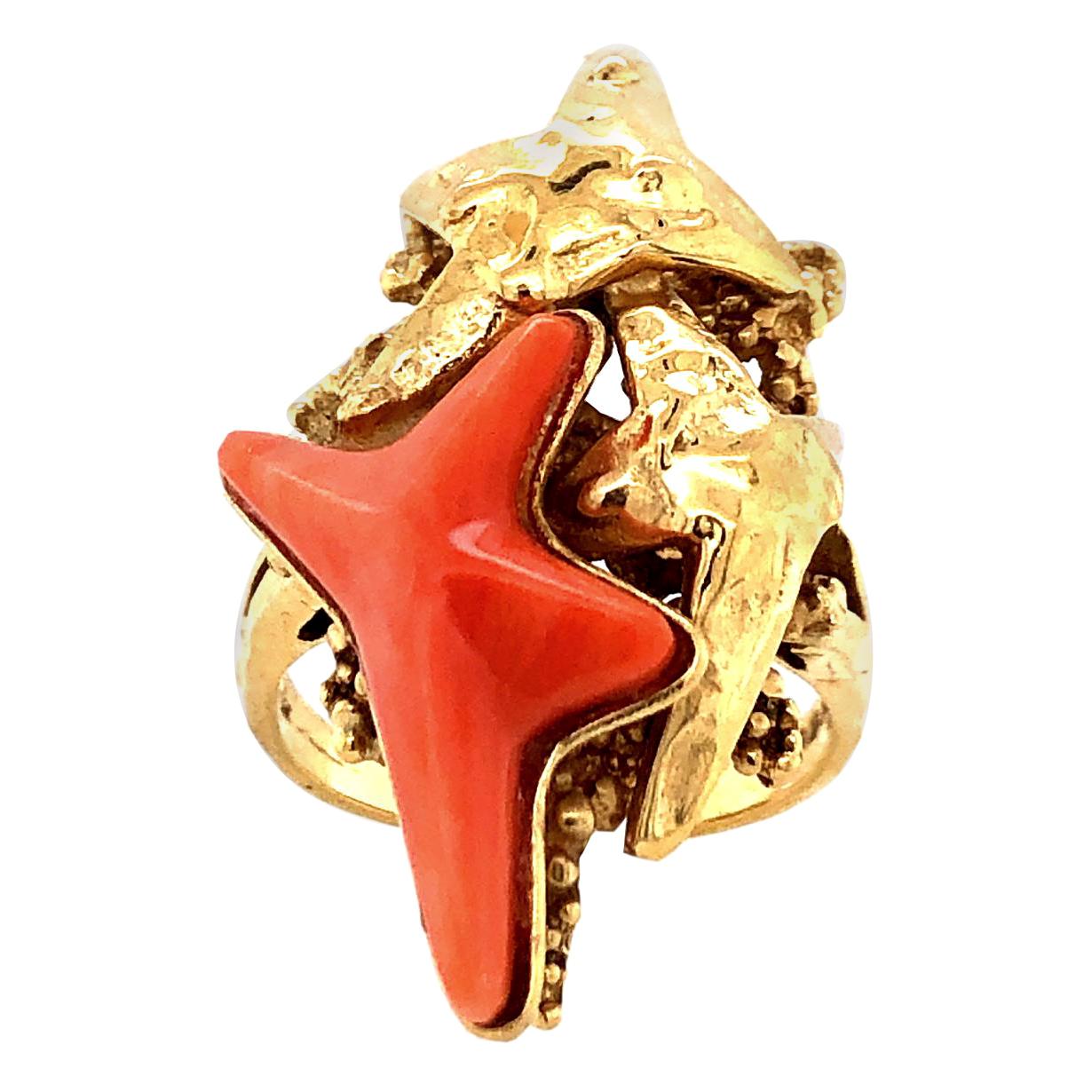 Kutchinsky Carved Coral and Gold Starfish Ring 1972 For Sale