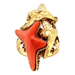 Kutchinsky Carved Coral and Gold Starfish Ring 1972