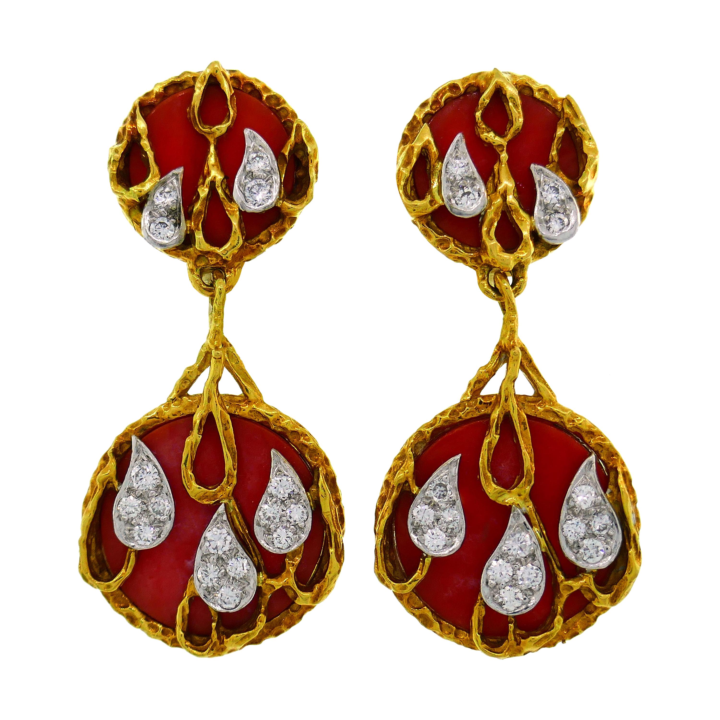 Kutchinsky Coral Diamond Gold Earrings