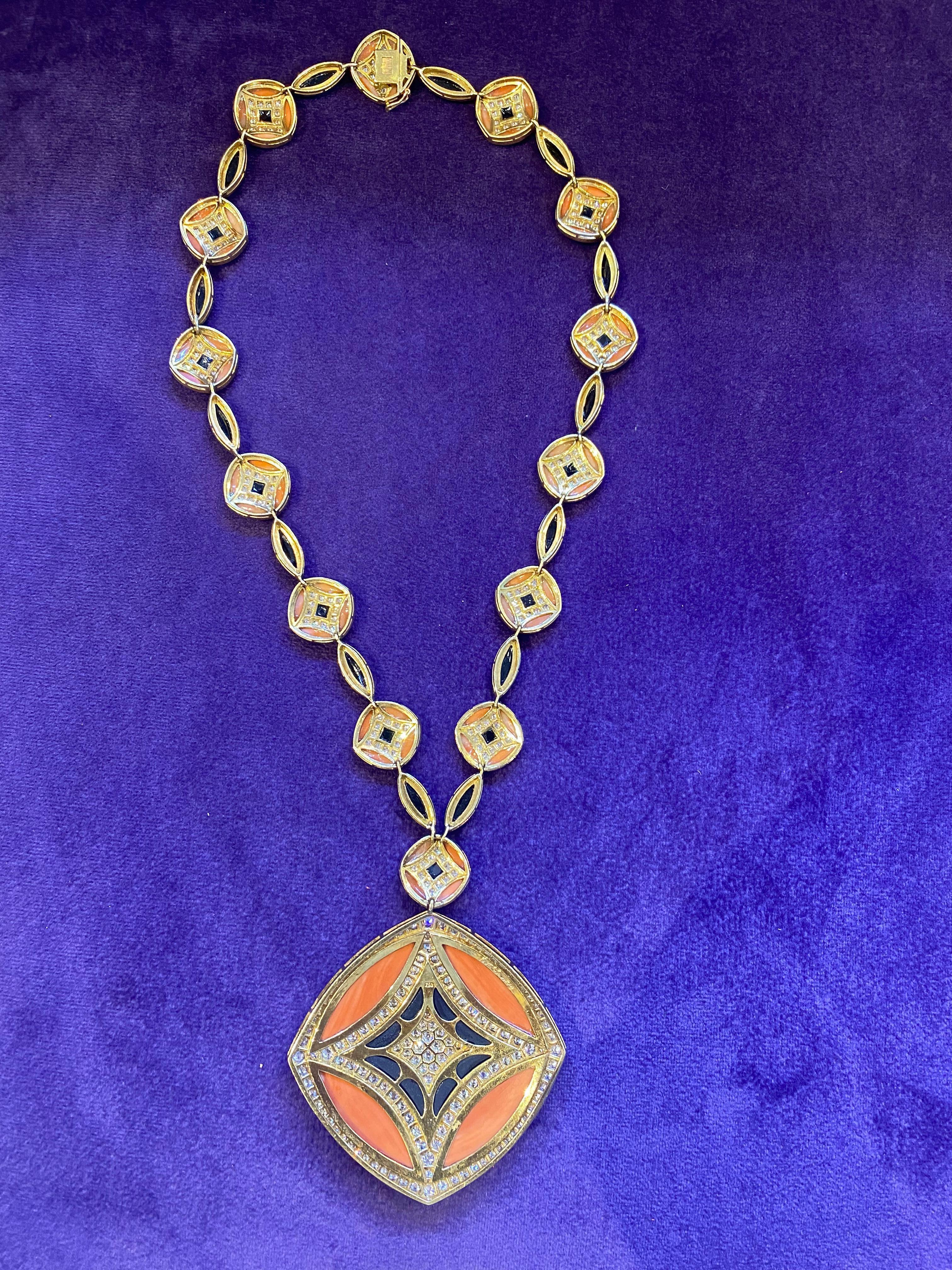 Round Cut Kutchinsky Coral Diamond & Onyx Necklace