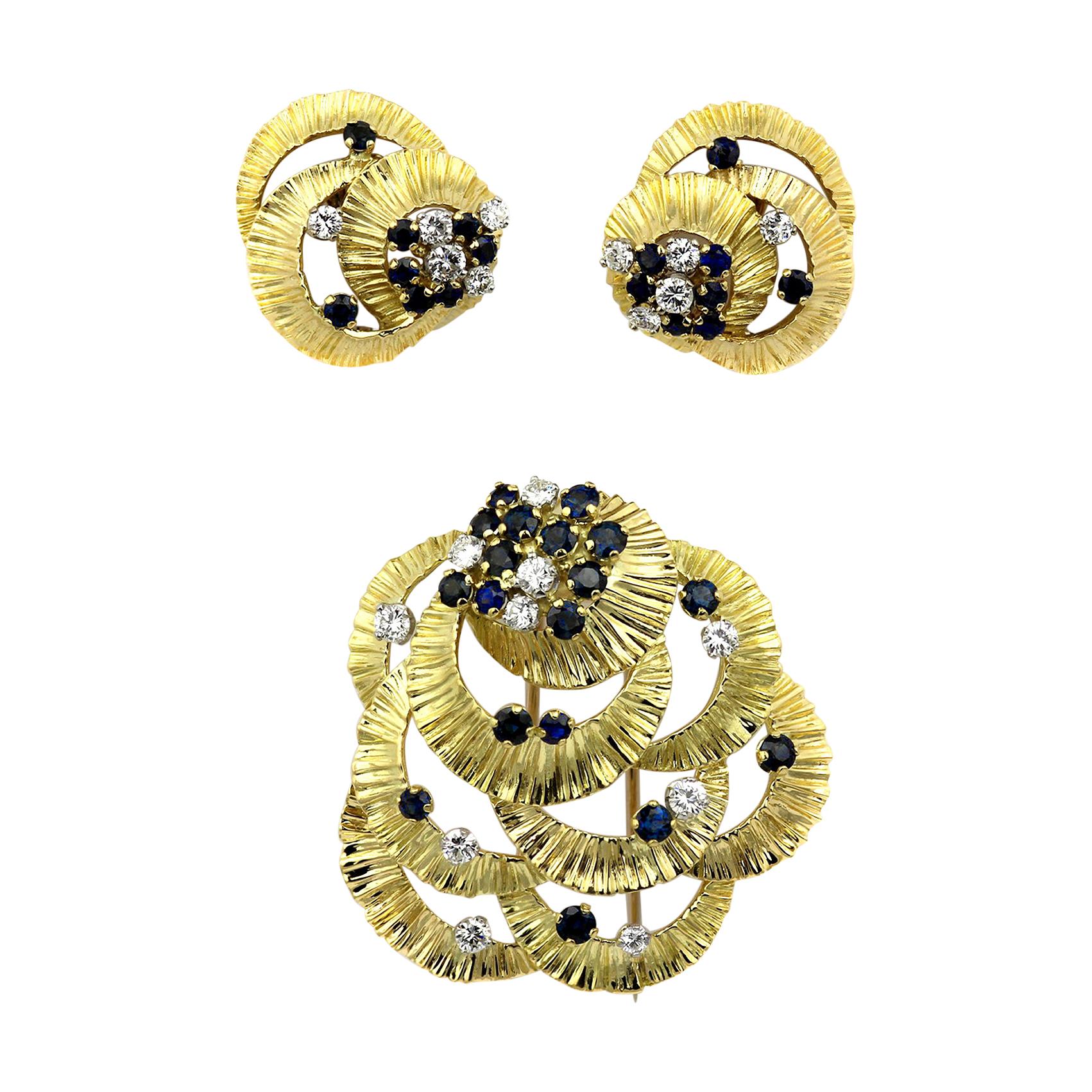 Kutchinsky Diamond and Sapphire Earrings and Matching Brooch, Retro Vintage