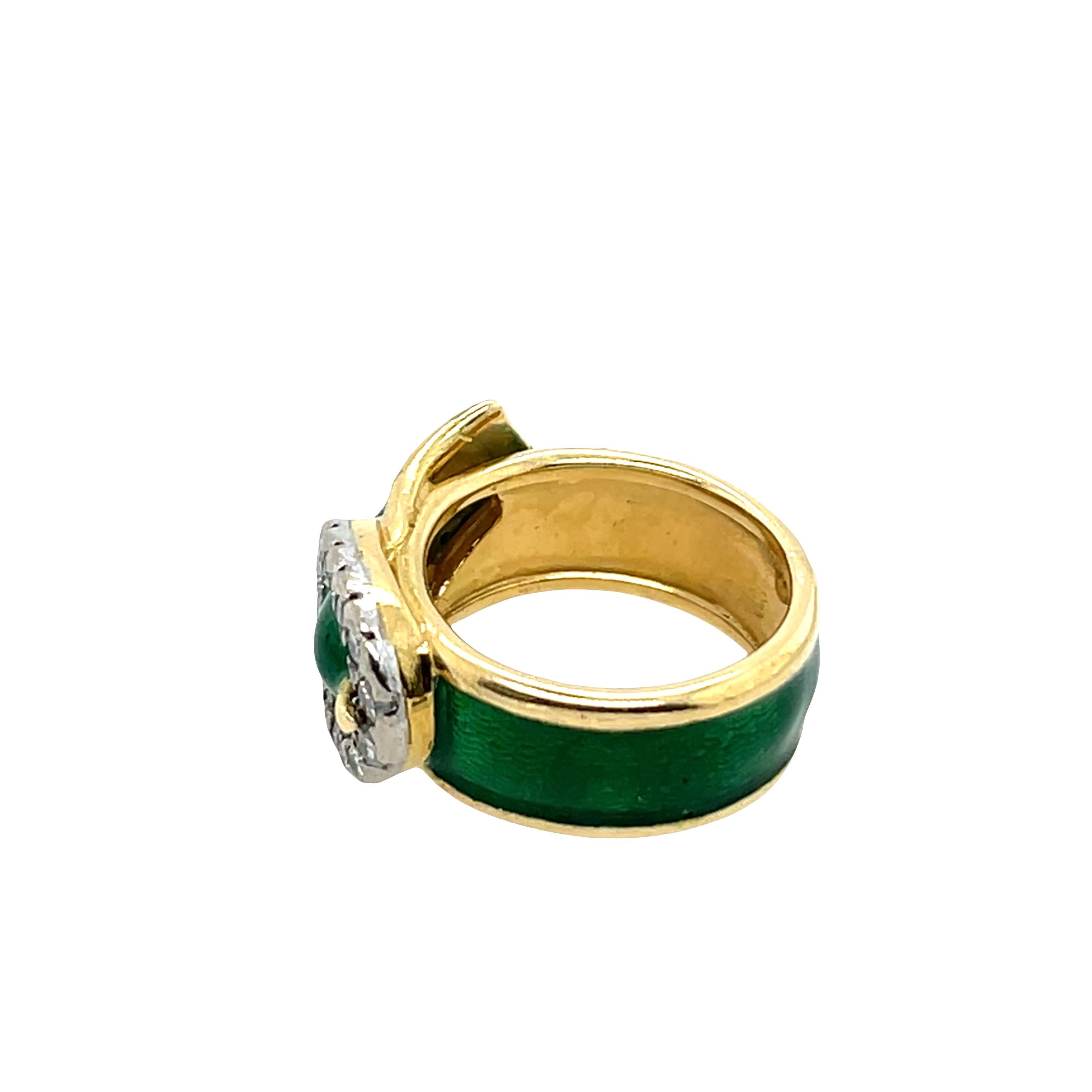 Round Cut Kutchinsky Diamond Buckle Ring with Green Enamel In 18ct Yellow Gold For Sale
