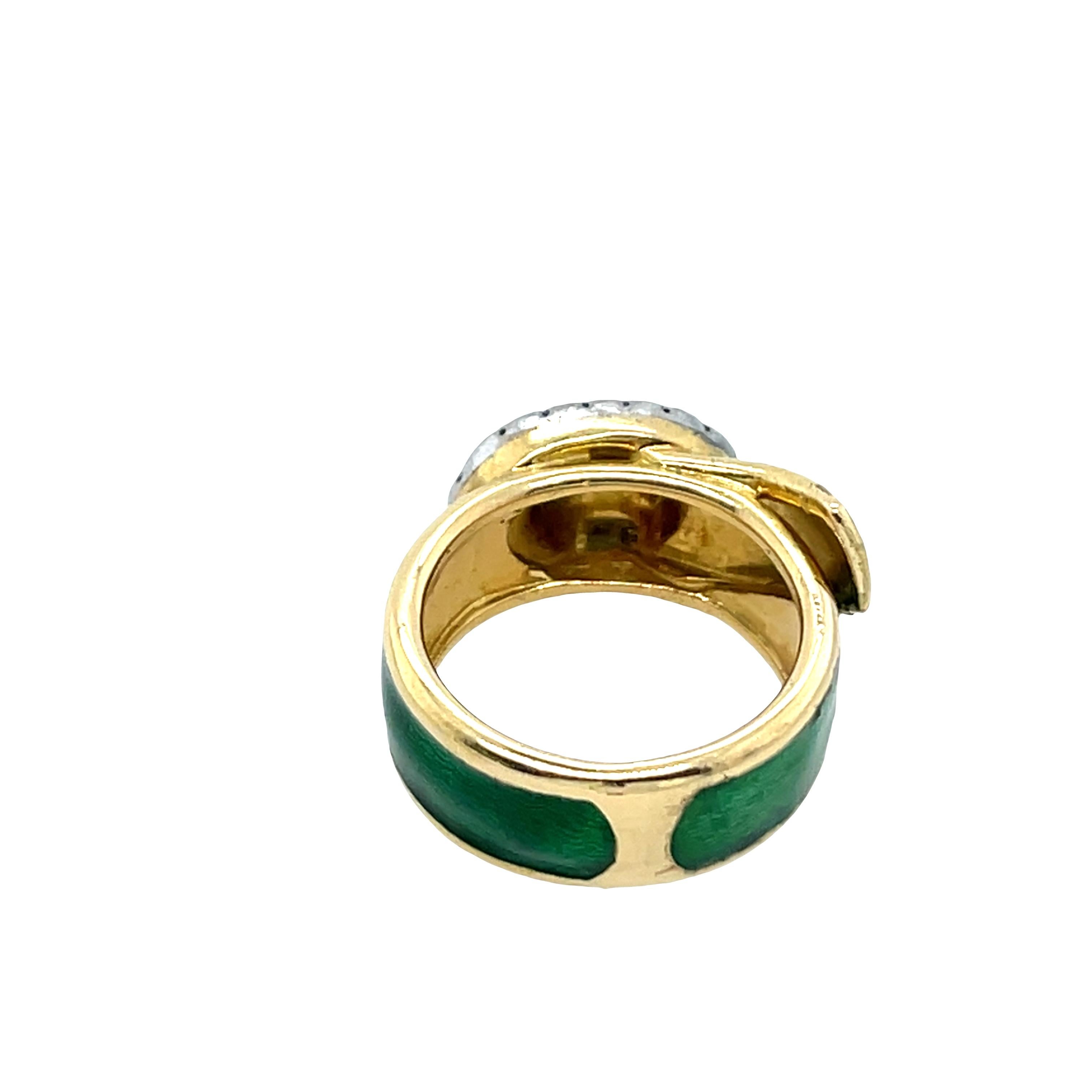 Kutchinsky Diamond Buckle Ring with Green Enamel In 18ct Yellow Gold In Excellent Condition For Sale In London, GB