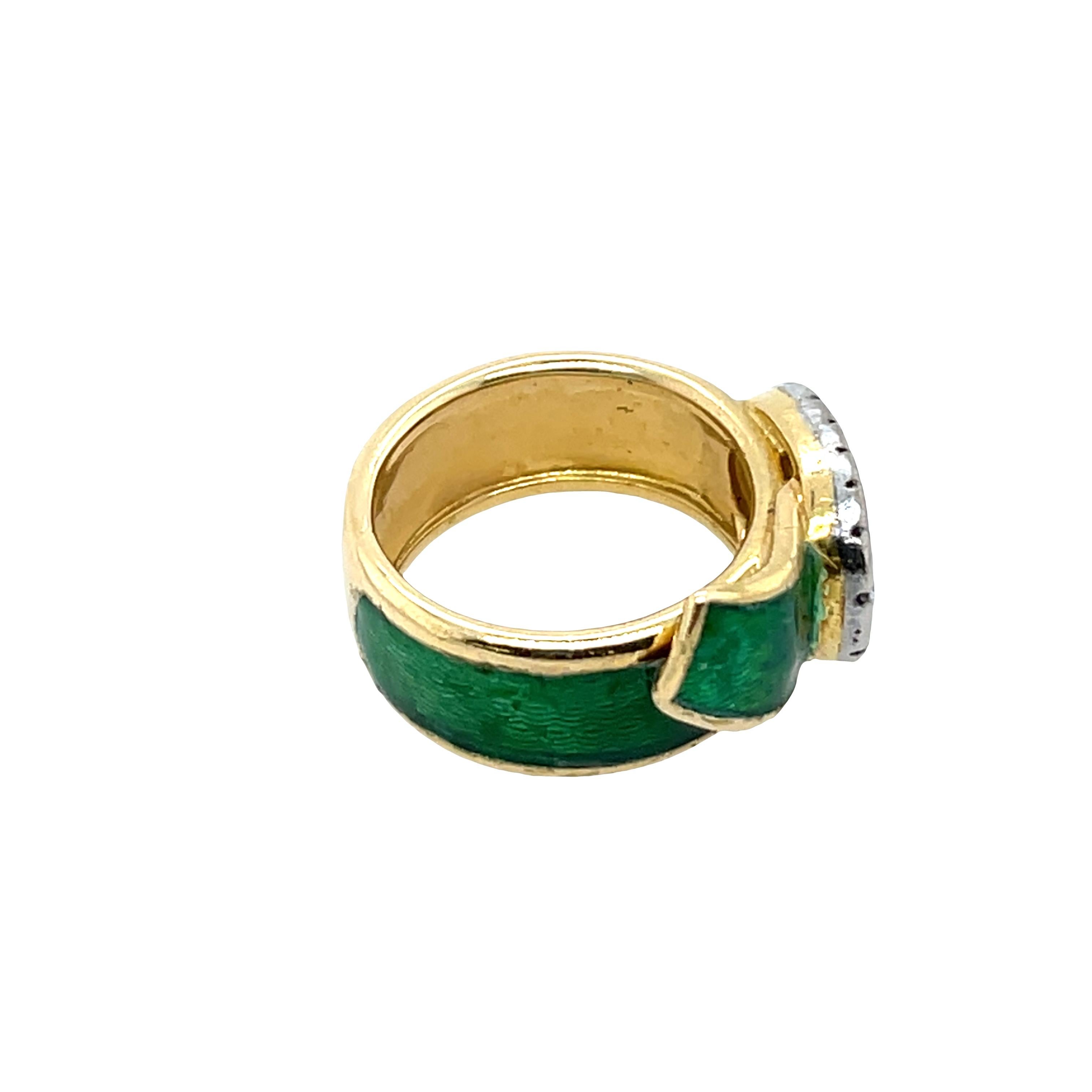 Women's Kutchinsky Diamond Buckle Ring with Green Enamel In 18ct Yellow Gold For Sale