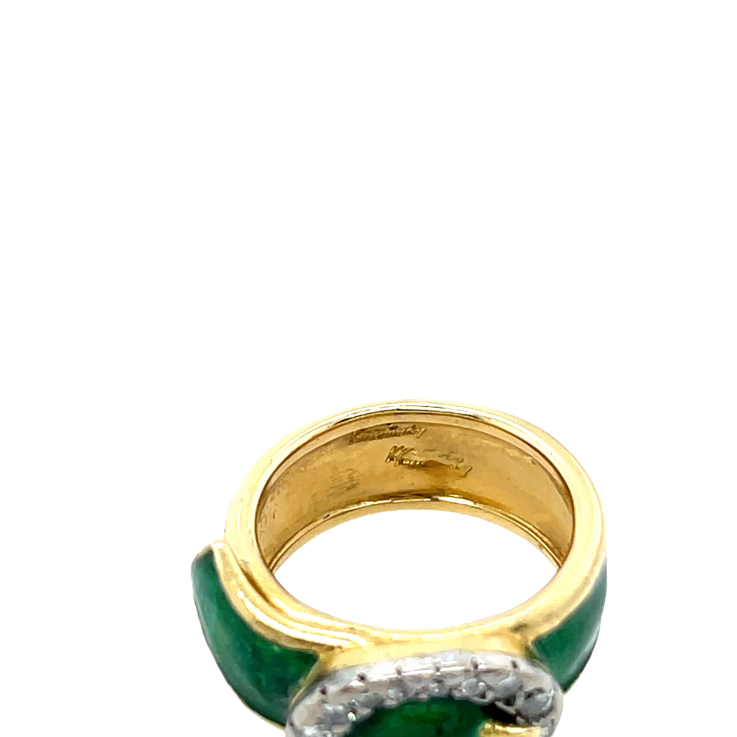 Kutchinsky Diamond Buckle Ring with Green Enamel In 18ct Yellow Gold For Sale 1