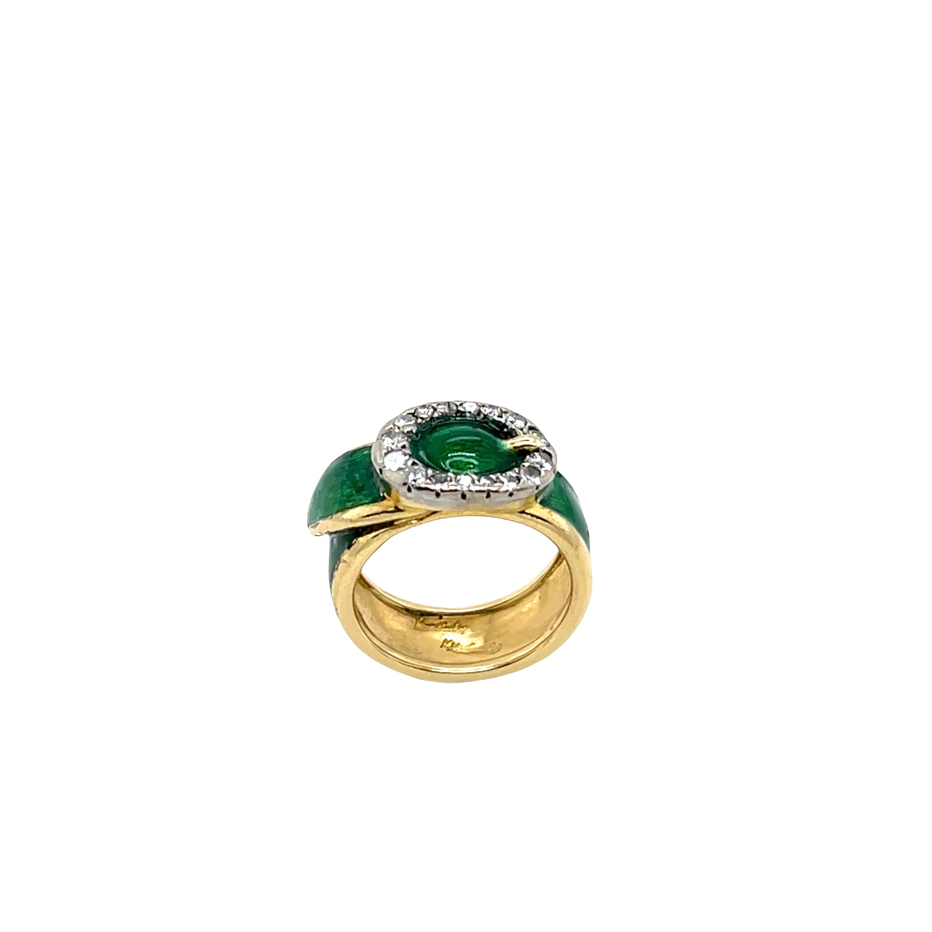 Kutchinsky Diamond Buckle Ring with Green Enamel In 18ct Yellow Gold For Sale 2