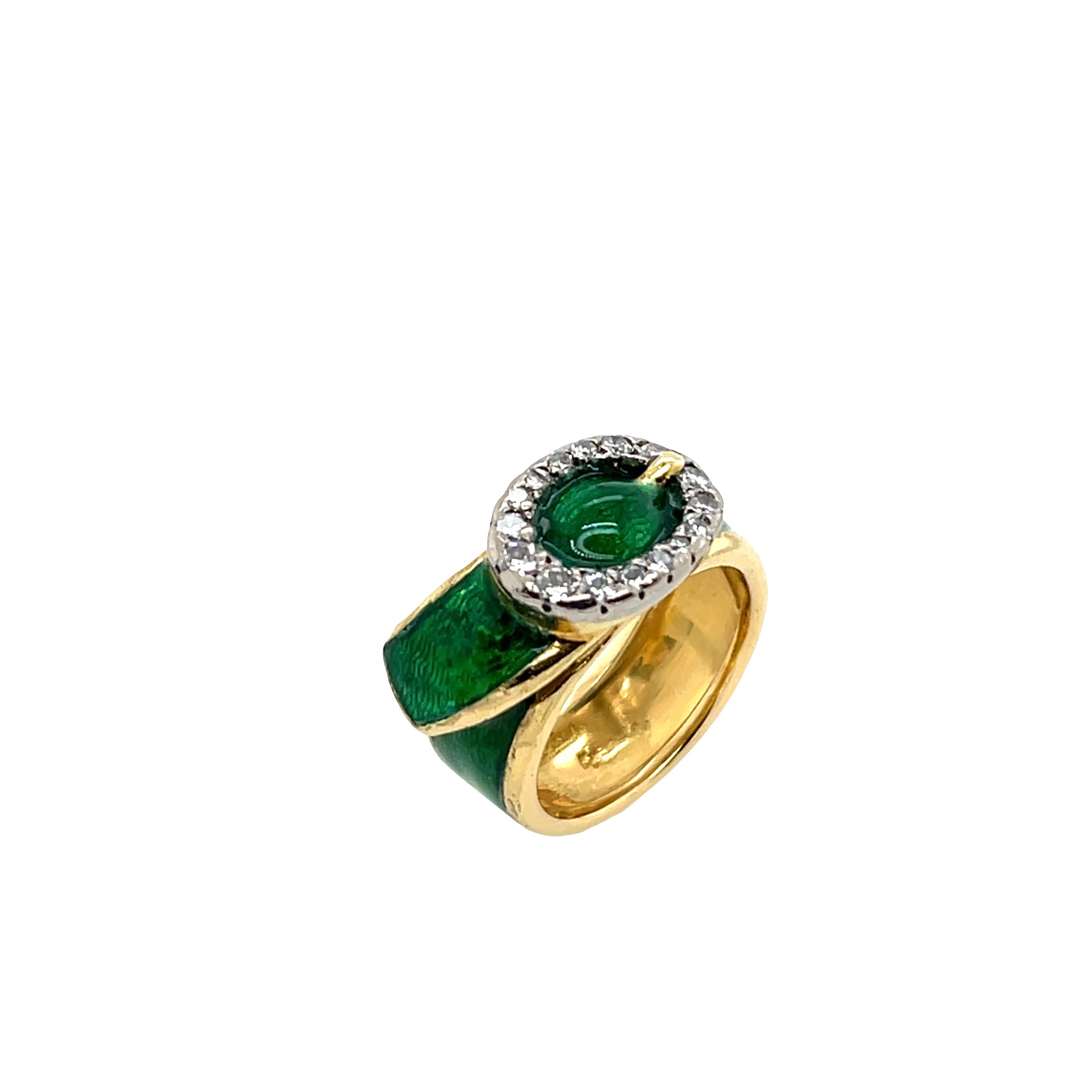 Kutchinsky Diamond Buckle Ring with Green Enamel In 18ct Yellow Gold For Sale 3