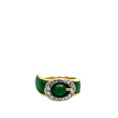 Kutchinsky Diamond Buckle Ring with Green Enamel In 18ct Yellow Gold