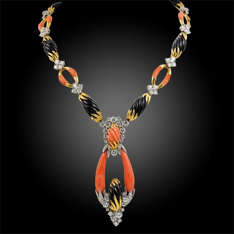 Round Cut Kutchinsky Diamond, Coral, Onyx Necklace, Earrings, Ring