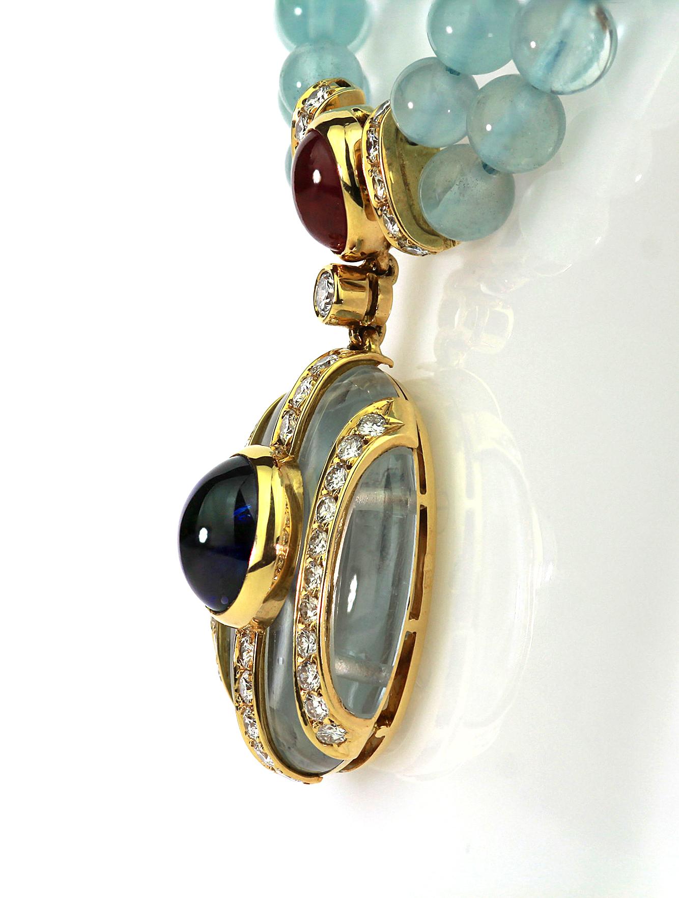 Women's Kutchinsky Double Strand Aquamarine Bead Necklace with Diamonds, Ruby, Sapphire