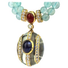 Kutchinsky Double Strand Aquamarine Bead Necklace with Diamonds, Ruby, Sapphire