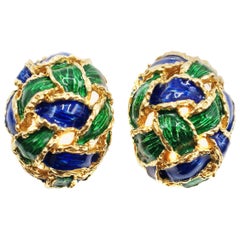 Kutchinsky Enamel 18 Karat Gold Bombe Ear Clips