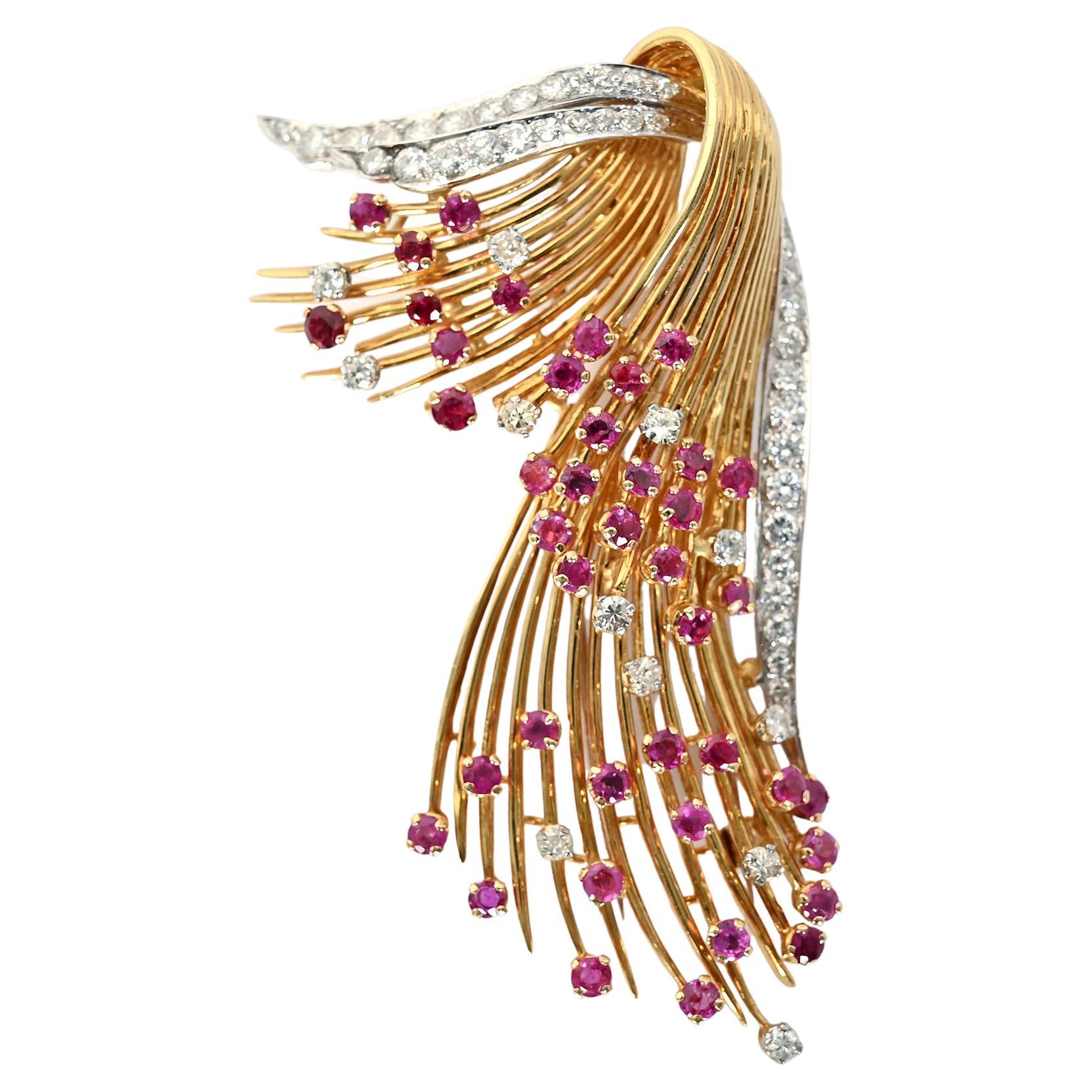 Flato MidCentury Gold Aquamarine Ruby Diamond Spray Brooch For Sale at 1stDibs sapphire and
