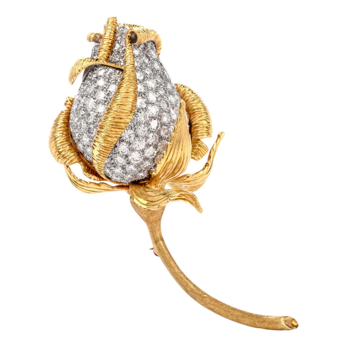 Kutchinsky Midcentury Vinatge Diamond Rose Bud 18 Karat Gold Brooch Pin ...