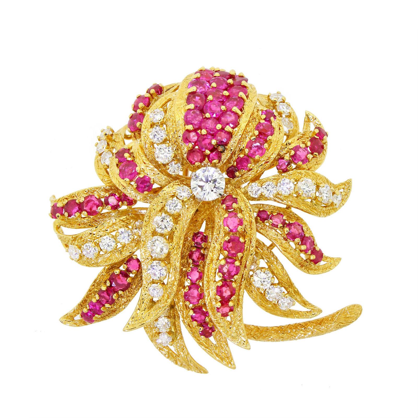 Kutchinsky Of London 18k Gold Diamond Ruby Floral Cluster Brooch 10.60 Carat  For Sale 3