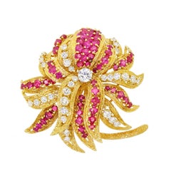 Kutchinsky Of London 18k Gold Diamond Ruby Floral Cluster Brooch 10.60 Carat 