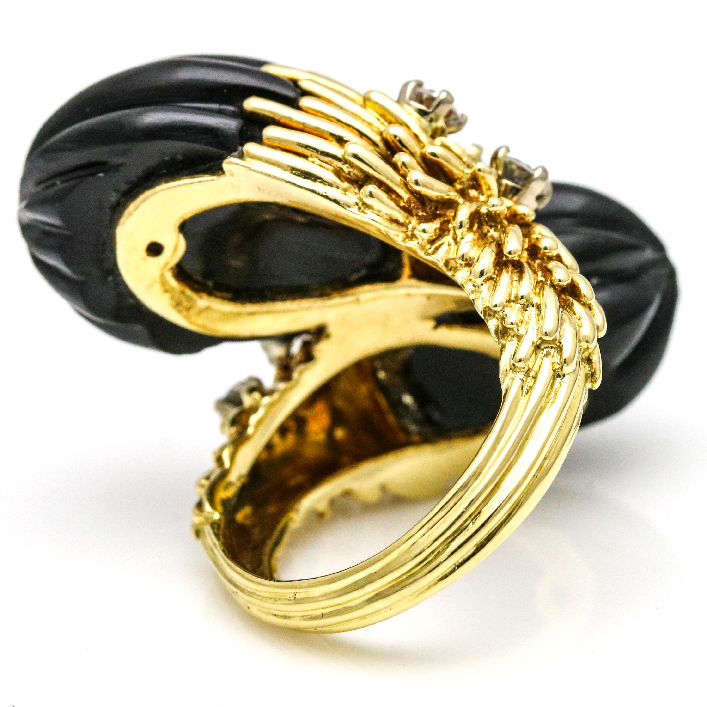 Retro Kutchinsky Onyx Diamond 18 Karat Yellow Gold Bypass Ring For Sale